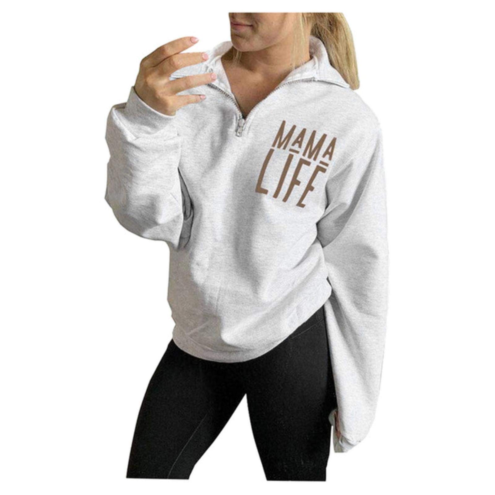 MAZF Women's Fashion Letter Printed V-Neck Hooded Sweatshirt | Long Sleeve Zipper Pullover for Autumn Outdoor Sports & Casual Wear | Perfect for Moms, Gym, Running, and Everyday Comfort
