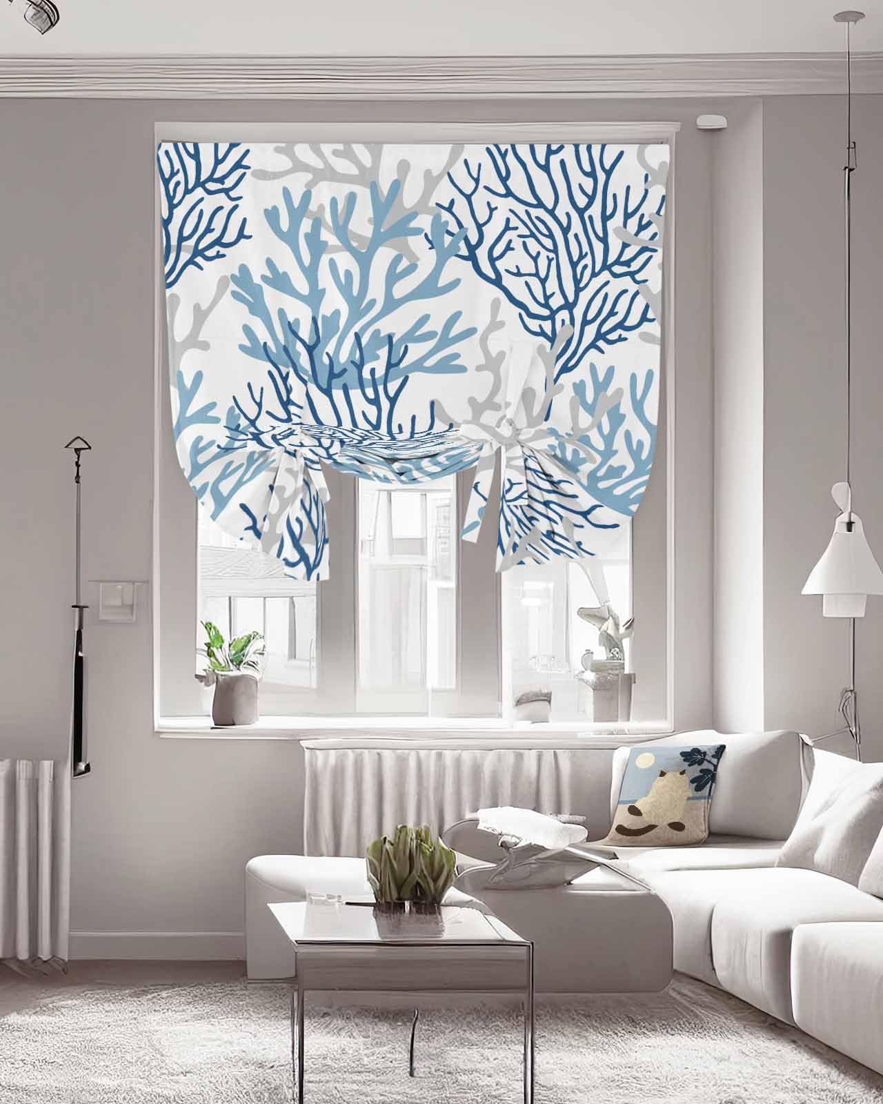 Navy Blue & Grey Coastal Tie-Up Curtains 63 Inch Length - Nautical Coral Adjustable Balloon Shades for Indoor Windows - Summer Beach Thermal Insulated Kitchen Curtains 42x63 Inches - Perfect for Coastal Decor, Living Room & Bedroom Window Treatments