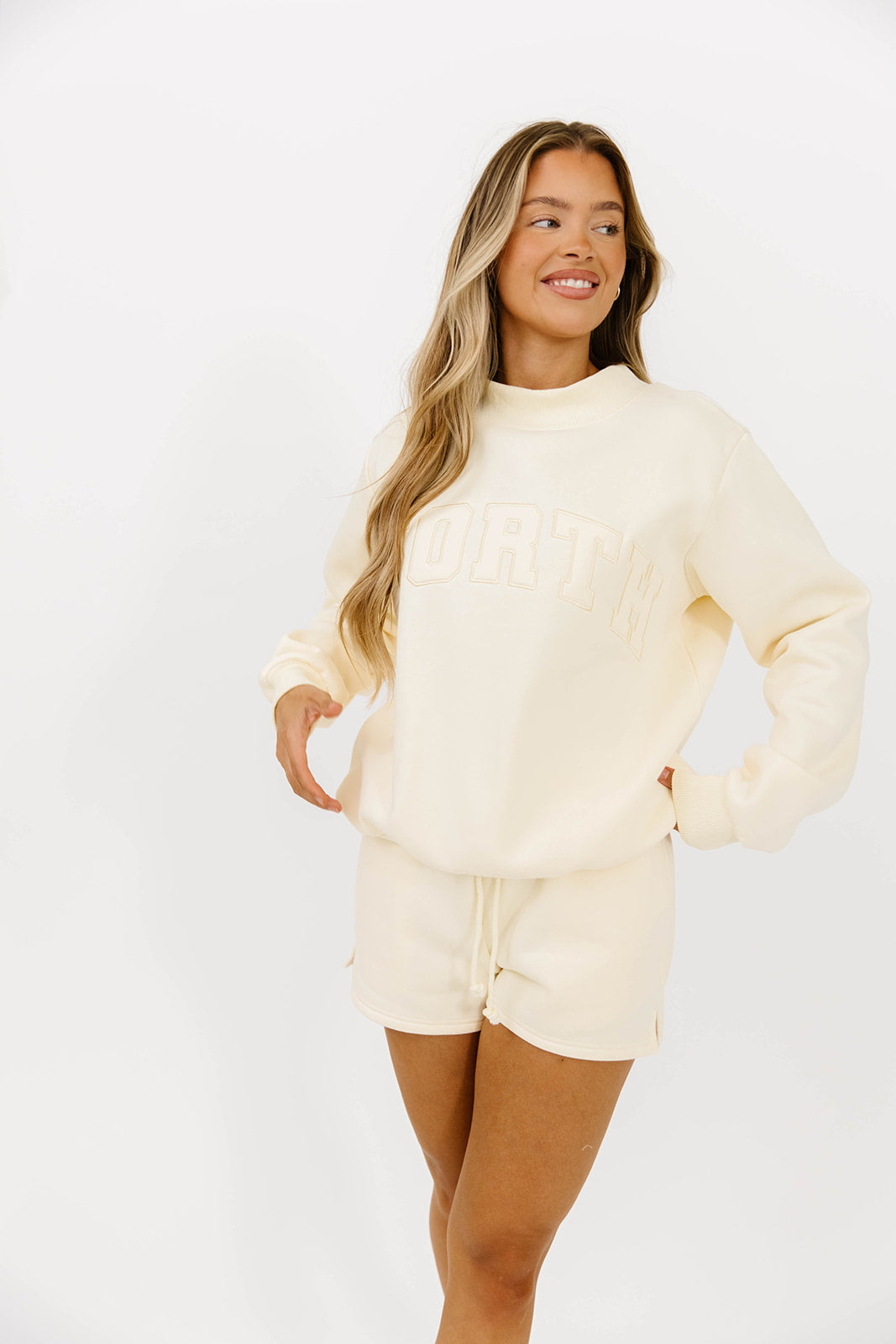WORTH Tone On Tone Embroidered Mockneck Sweatshirt in Toasted Cream | Women's Casual Pullover | Perfect for Fall Layering & Coffee Dates