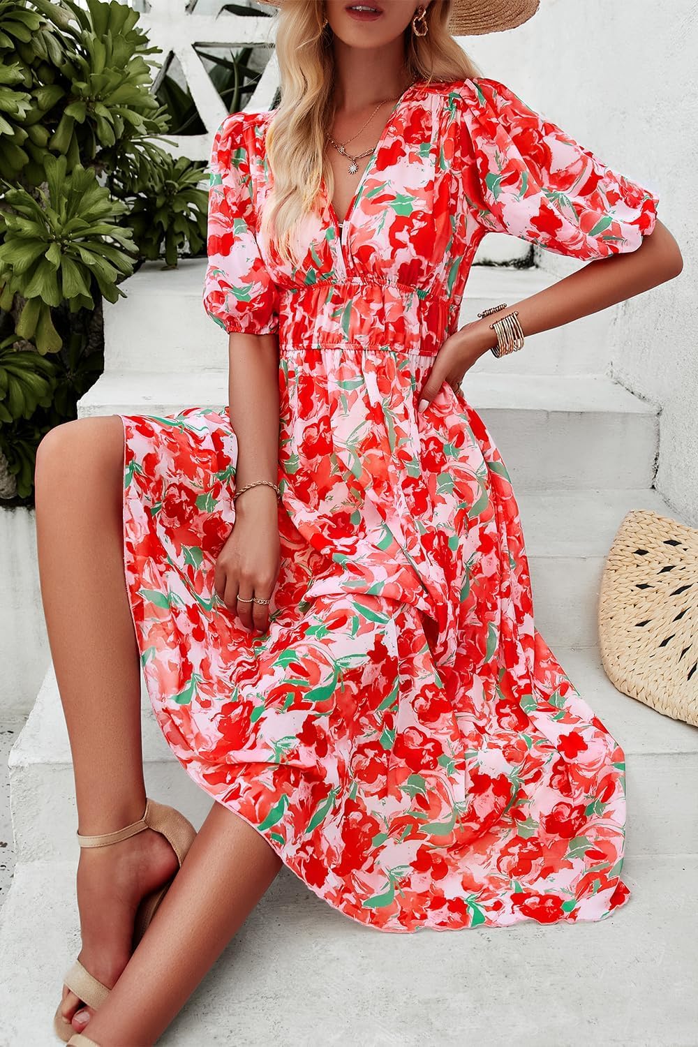 Floral Wrap V-Neck Midi Dress for Women - Short Sleeve Elastic Waist Flowy Summer Dress | Perfect for Beach Vacations, Garden Parties & Casual Outings