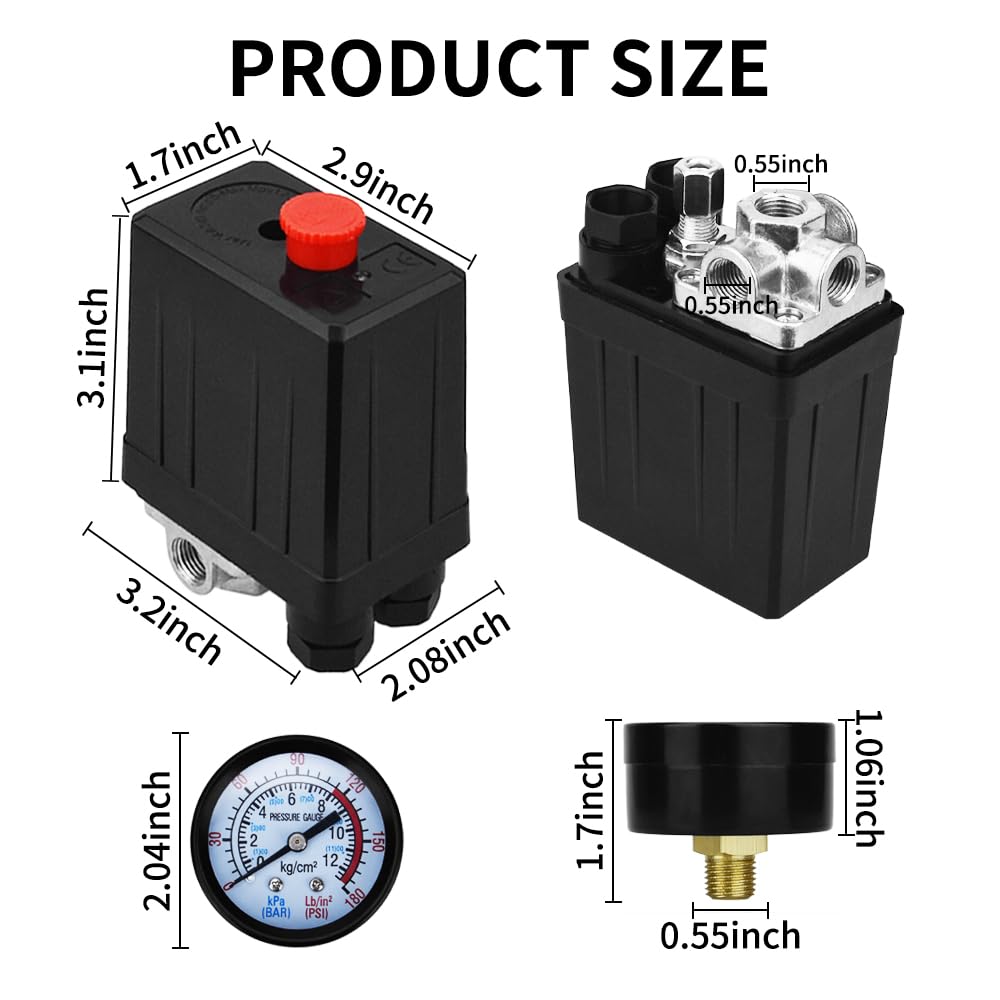 90-120PSI Air Compressor Pressure Switch with 0-180PSI Regulator | 4-Way Replacement Part for Air Compressors | 110V-240V Compatible | Ideal for Workshop, Garage & Industrial Use (LS-AR1)
