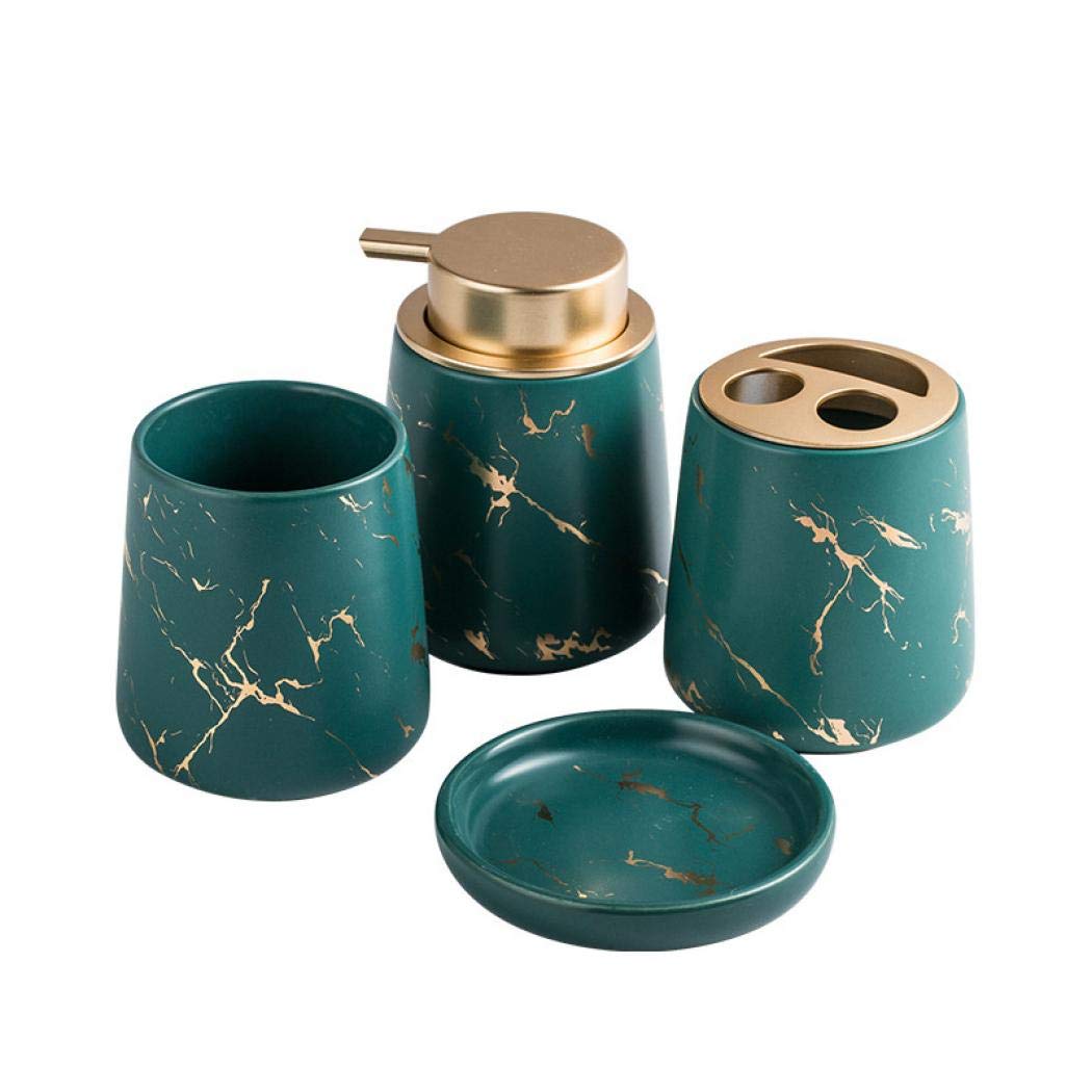 Luxury 4-Piece Marble Pattern Ceramic Bathroom Accessories Set with Soap Dispenser - Modern Dark Green Bath Decor for Home & Hotel Use