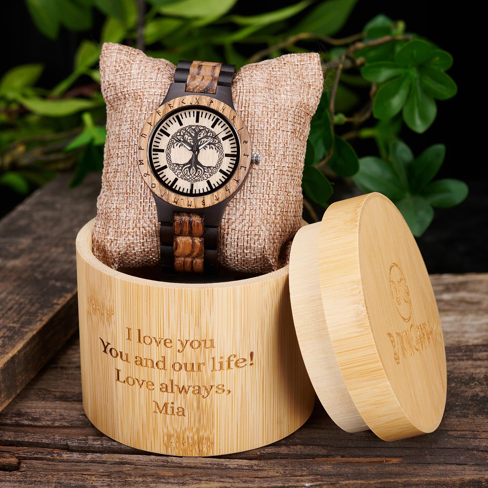 Vikingenes Handmade Wooden Watches for Men – Personalized Engraved Wooden Chronograph, Luxury Natural Wood Wristwatch – Unique Viking-Themed Gift for Him (Father's Day, Anniversary, Birthday) – Perfect for Outdoor Adventures & Formal Occasions