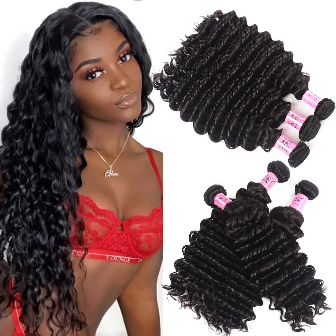 UNice Peruvian Virgin Human Hair Extensions - 3 Bundles Deep Wave Weft, 100% Real Human Hair, Natural Color, 95-100g per Piece (14 16 18 Inch) for Stunning Volume & Length - Perfect for Daily Wear, Special Occasions & Salon Styling