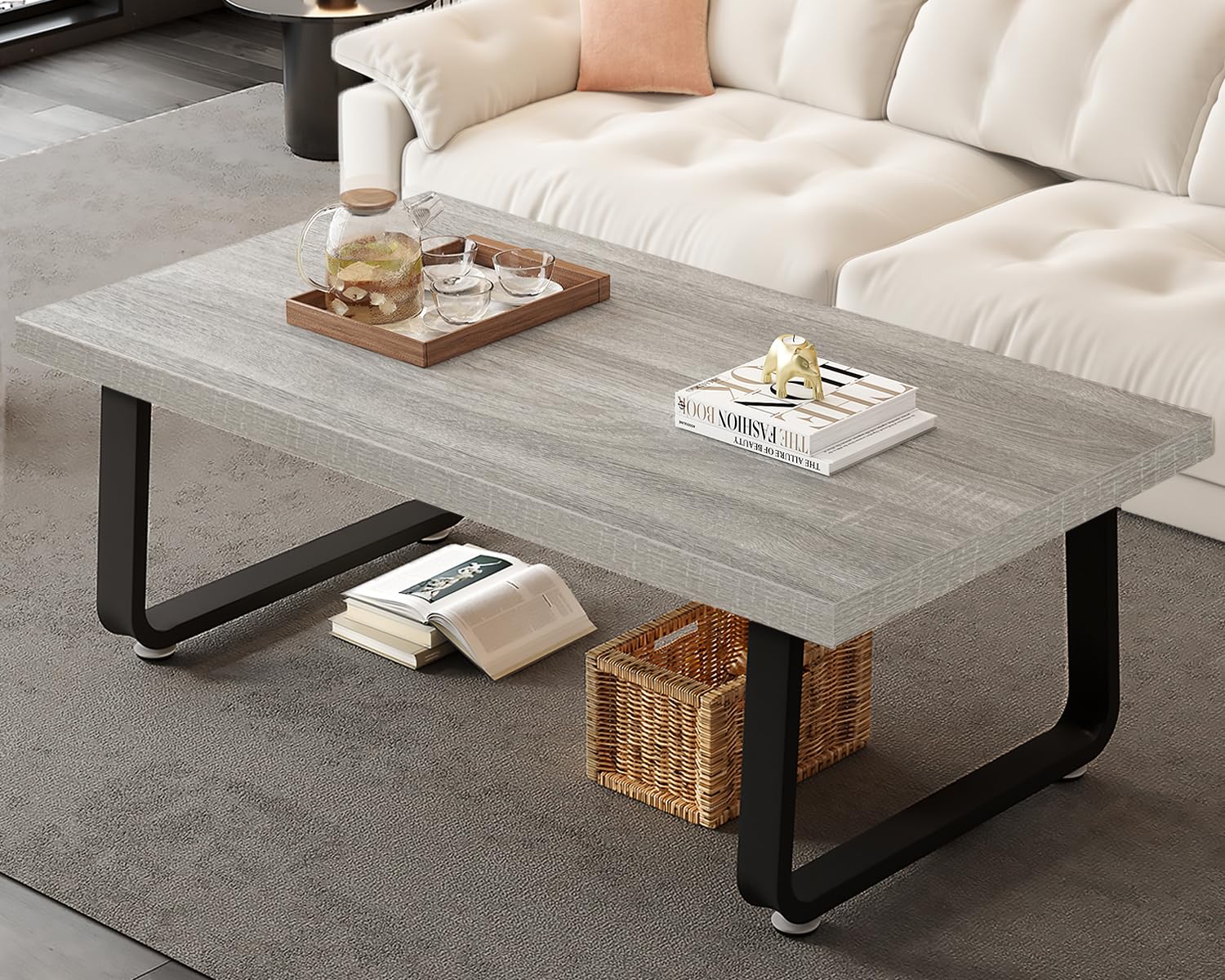 HSH Industrial Coffee Table - Modern Minimalist Wooden Rectangle Living Room Table for Small Spaces - Farmhouse Style Wood & Metal Tea Table - Light Grey Oak Finish - 47 Inch - Perfect for Home, Bedroom, Office & Apartment Decor