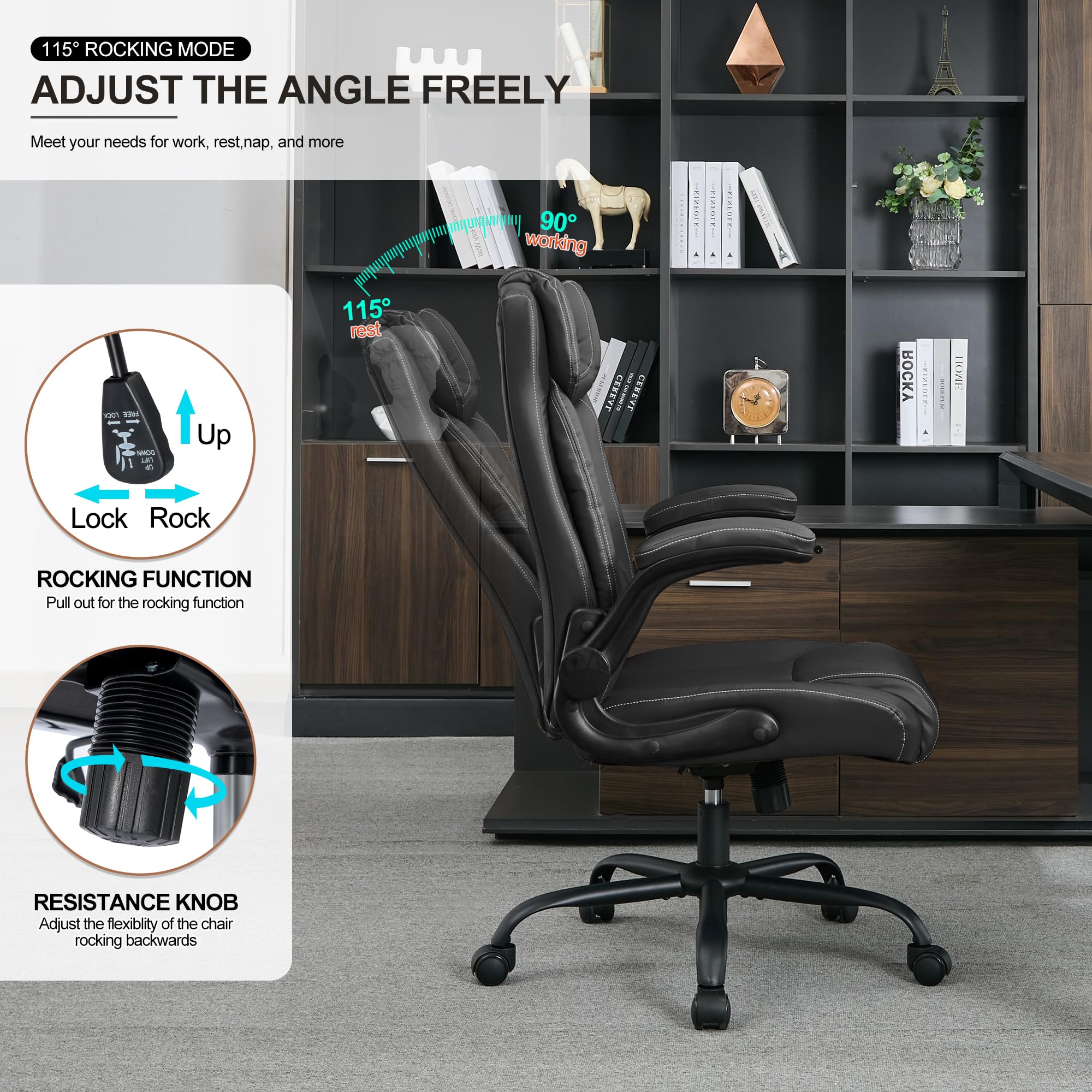 Ergonomic Mid Back Executive Leather Office Chair - Adjustable Flip-Up Arms & Rocking Function - Comfortable Computer Desk Chair for Home & Office Workspace (Black) - Perfect for Long Hours of Work, Gaming, and Video Conferencing
