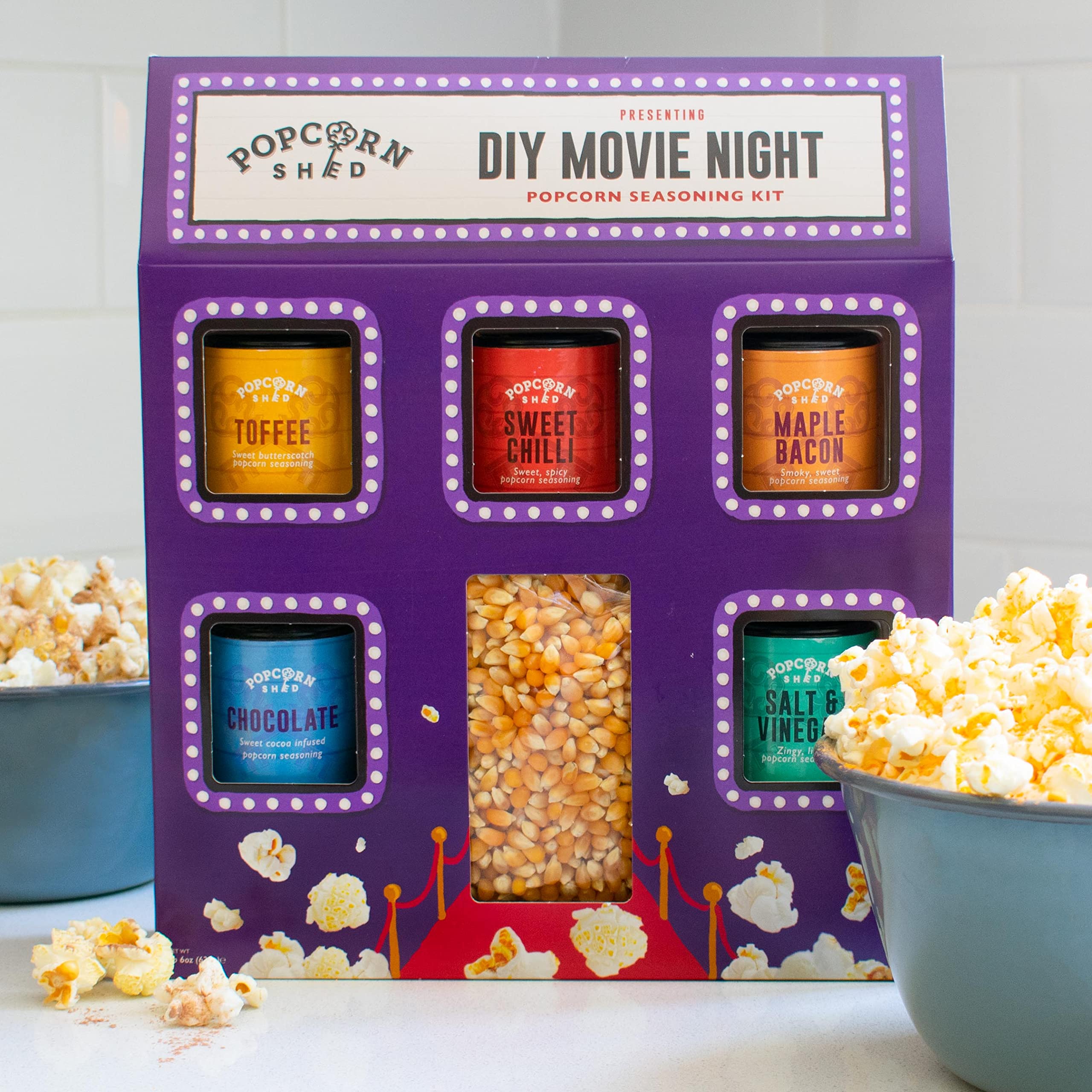 DIY Popcorn Seasoning Kit - 5 Delicious Flavors + 500g Popcorn Kernels - Vegan & Gluten-Free - Perfect for Movie Nights, Parties & Snack Time