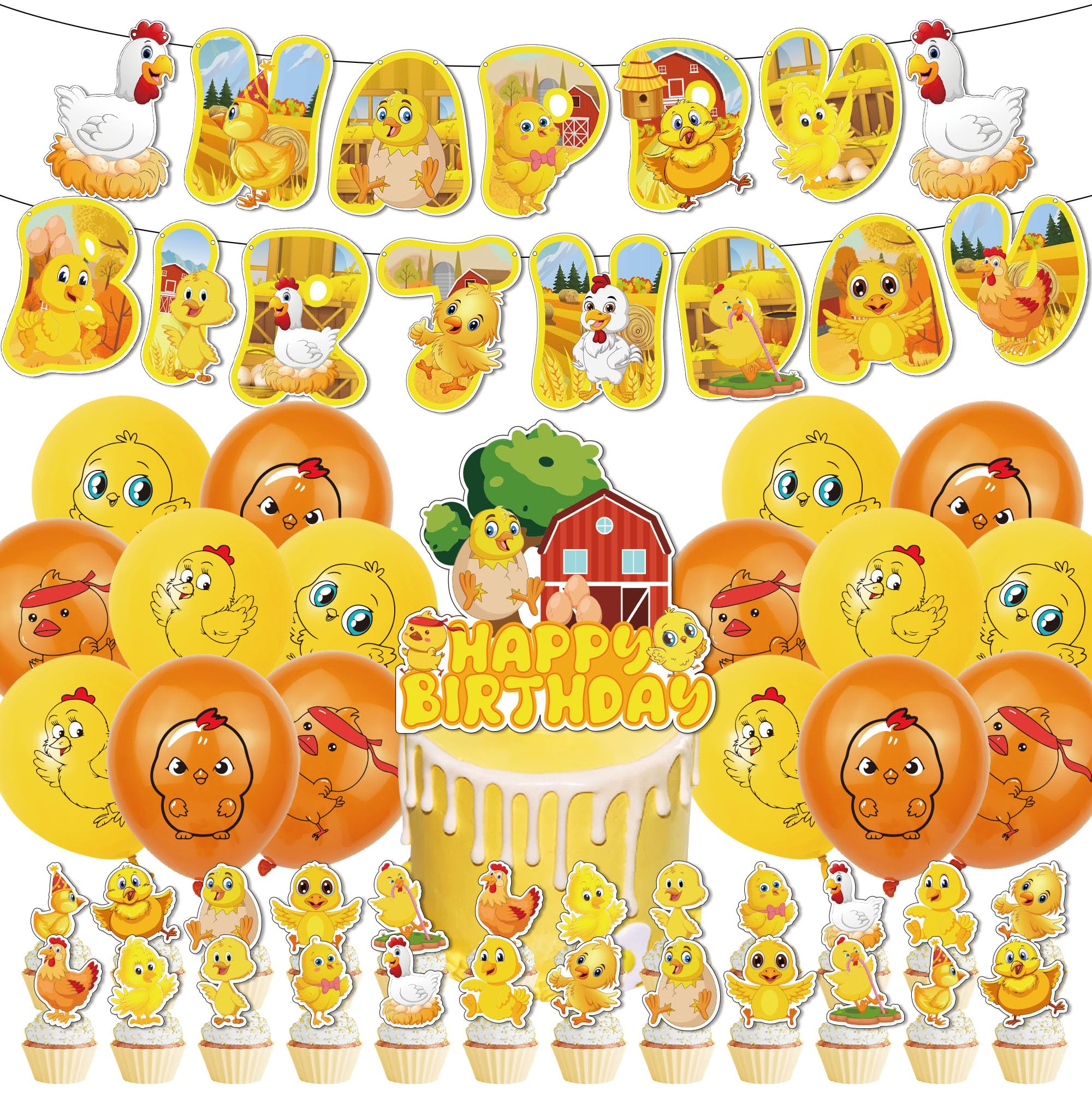 Farm Animals Chicken Birthday Party Decorations Set - Banner, Cake Topper, Cupcake Toppers & Balloons for Kids | Farm Theme Birthday Party Supplies for Boys & Girls | Perfect for Barnyard, Animal Lover or Country Themed Celebrations