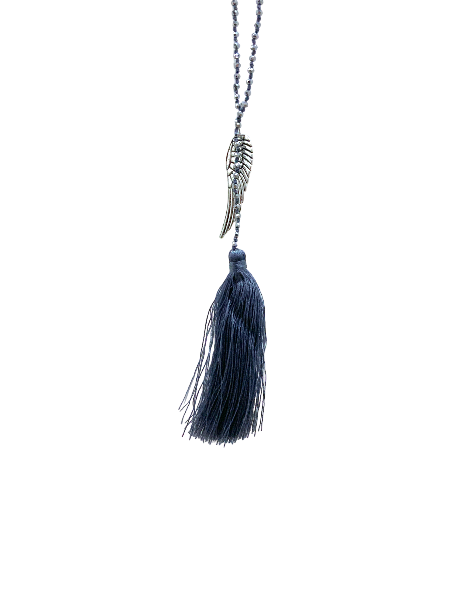Elegant Grey Crystal Bead Necklace with Tassel & Angel Wing Charm - Perfect for Boho Fashion, Gift Giving & Special Occasions