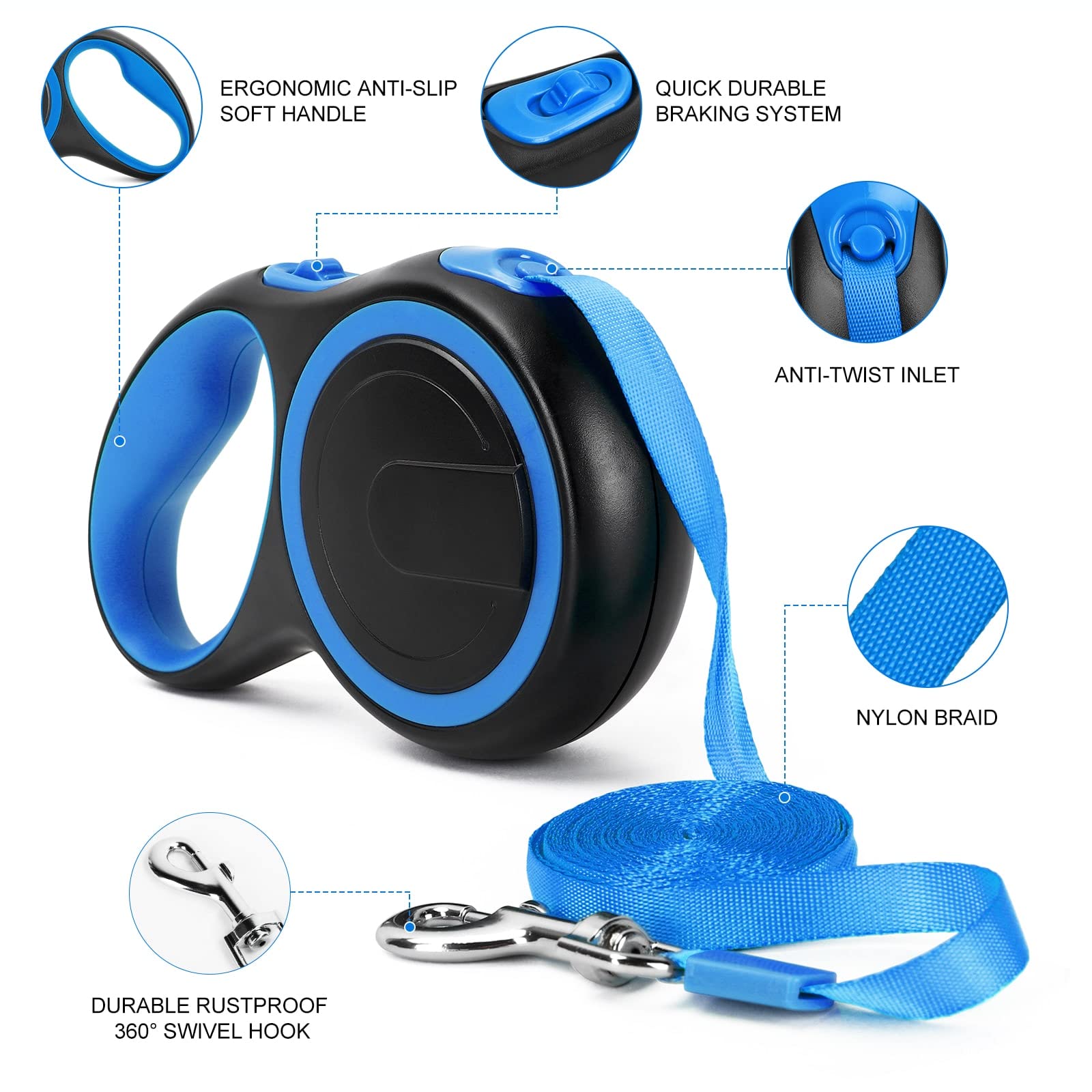 UrbanX Retractable Dog Leash - 15ft Strong Nylon Tape with Anti-Slip Handle & One-Handed Brake/Pause/Lock for Medium Hounds Like Petit Basset Griffon Vendéen - Blue | Perfect for Walking, Training & Outdoor Adventures