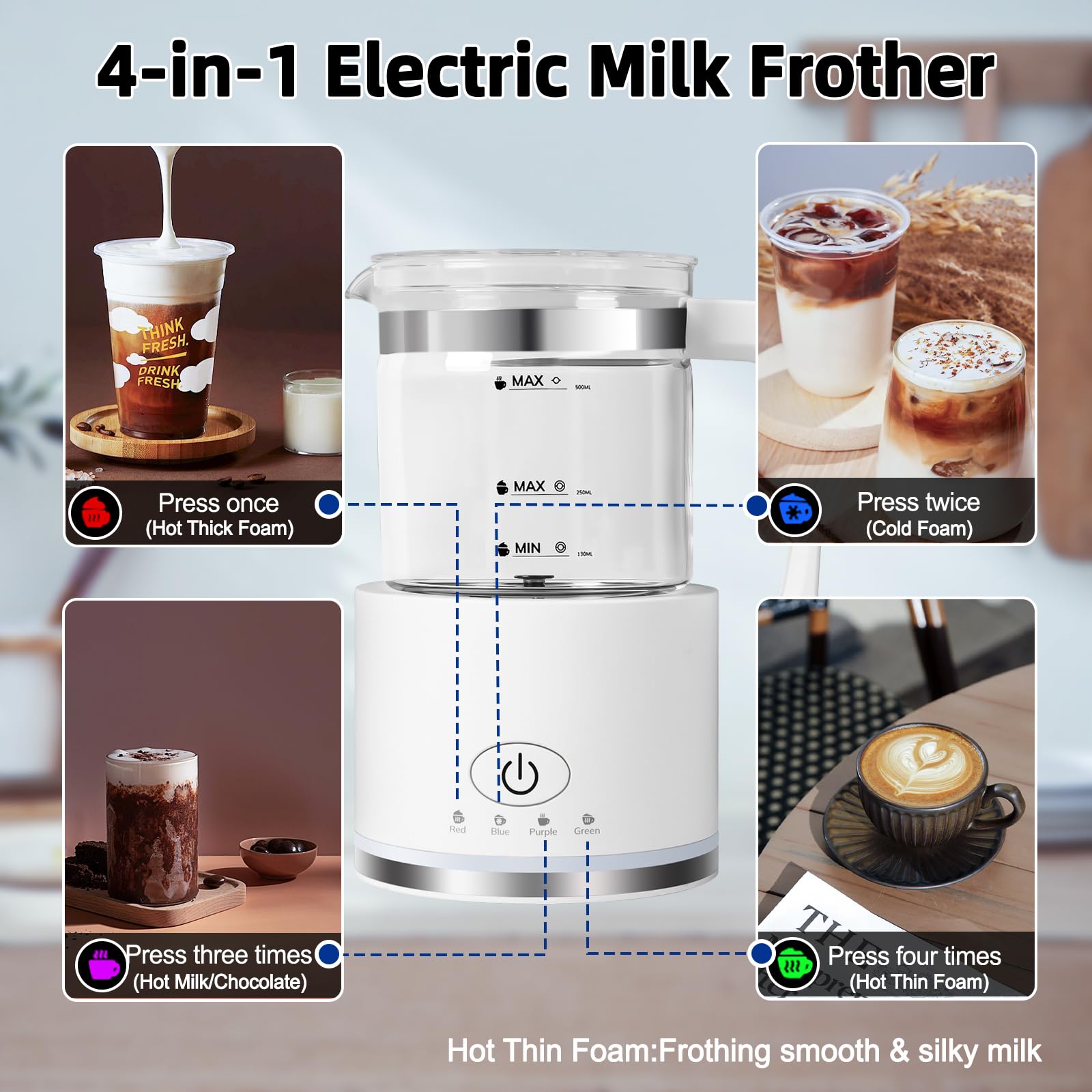 4-in-1 Electric Milk Frother & Steamer - 16.9oz/500ml Automatic Warm & Cold Foam Maker for Coffee, Latte, Cappuccino - Dishwasher Safe Milk Frother for Home & Cafe Use (White)