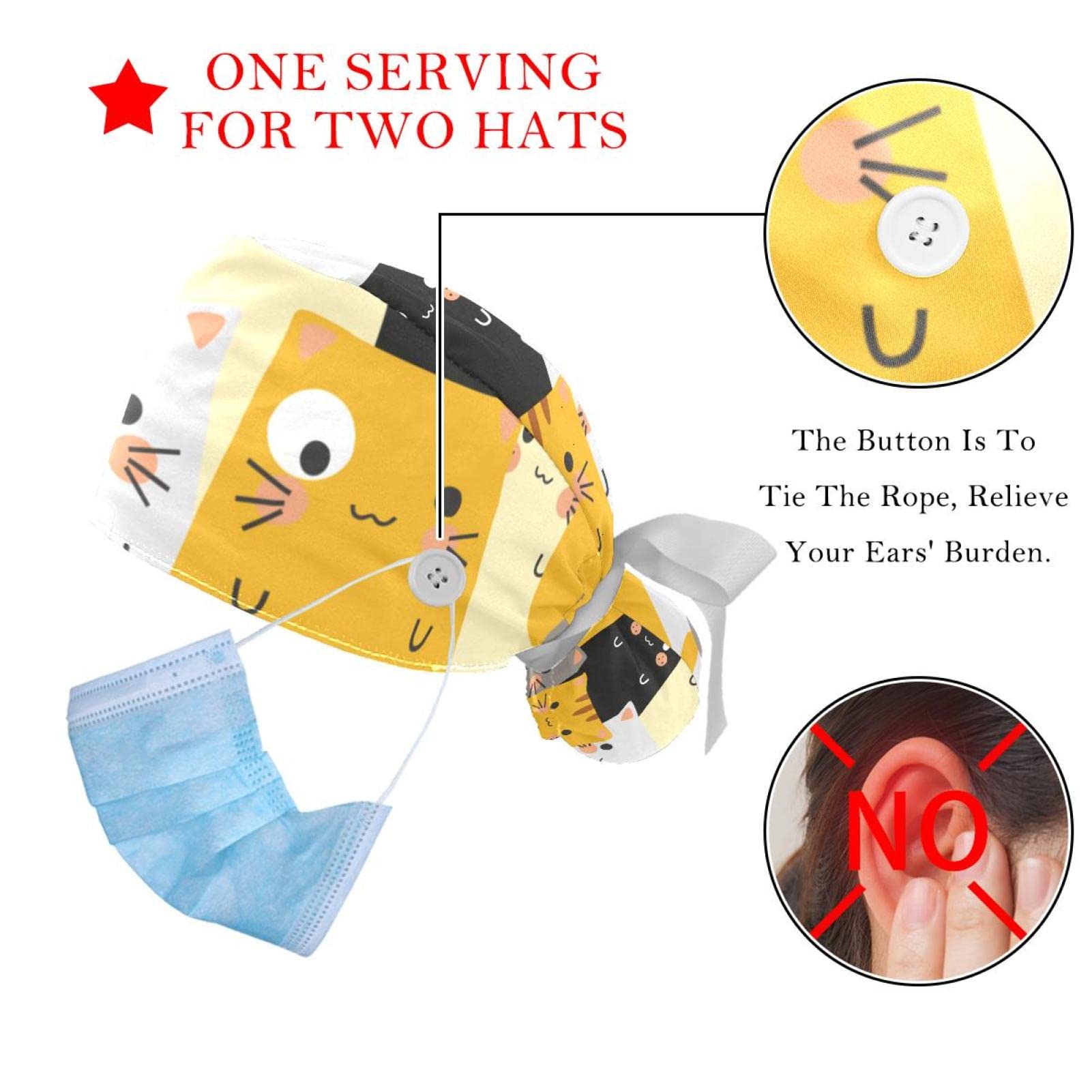 Stylish Cartoon Cat Scrub Hats for Women & Men - 2 Pack Long Hair Surgical Caps with Button & Sweatband - Comfortable Unisex Tie Back Working Hats for Nurses, Doctors & Healthcare Professionals