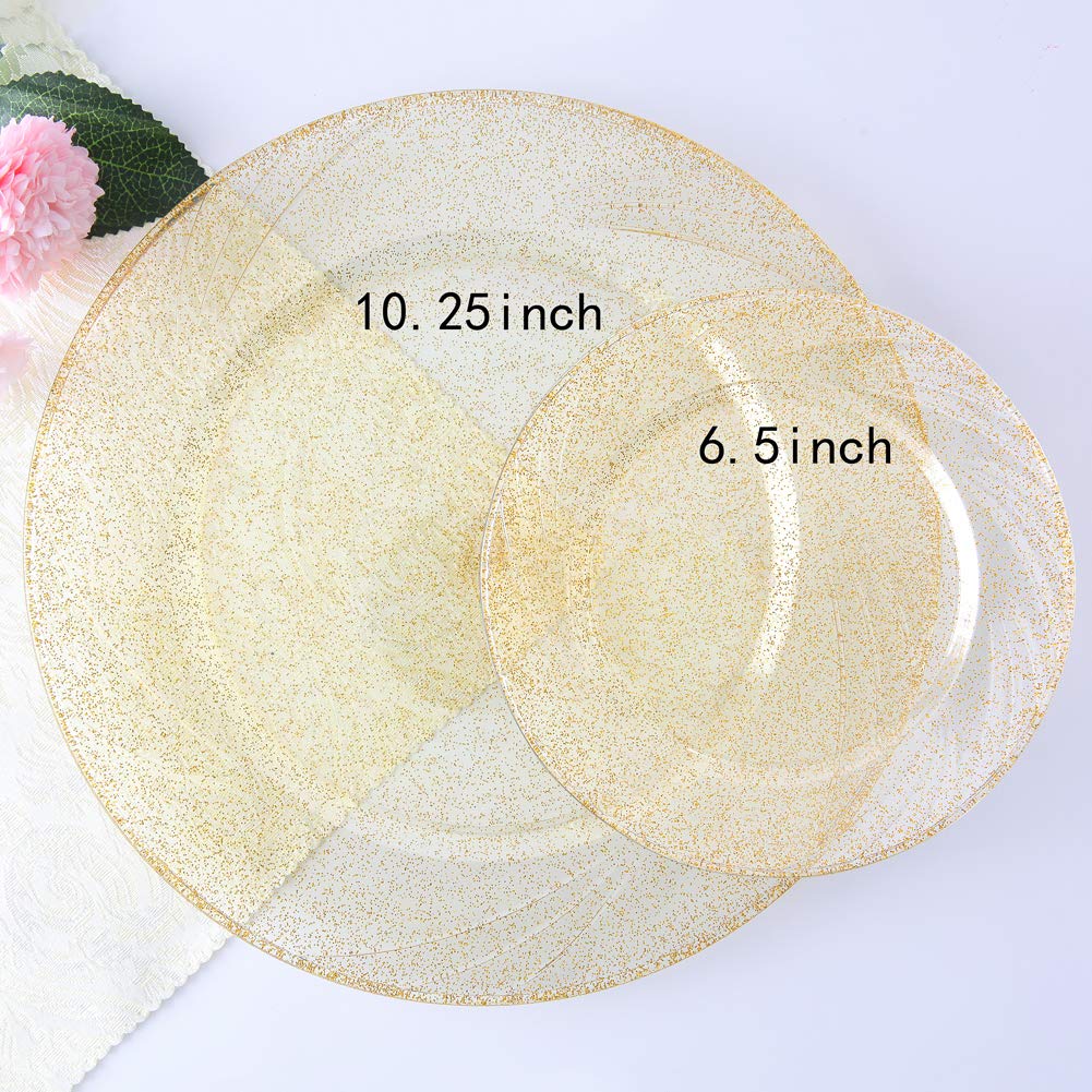 WDF 40-Piece Gold Glitter Disposable Plastic Dinnerware Set - Includes 40 Dinner Plates, 40 Salad Plates, 40 Forks, 40 Knives & 40 Spoons - Perfect for Parties, Weddings, Birthdays & Special Events