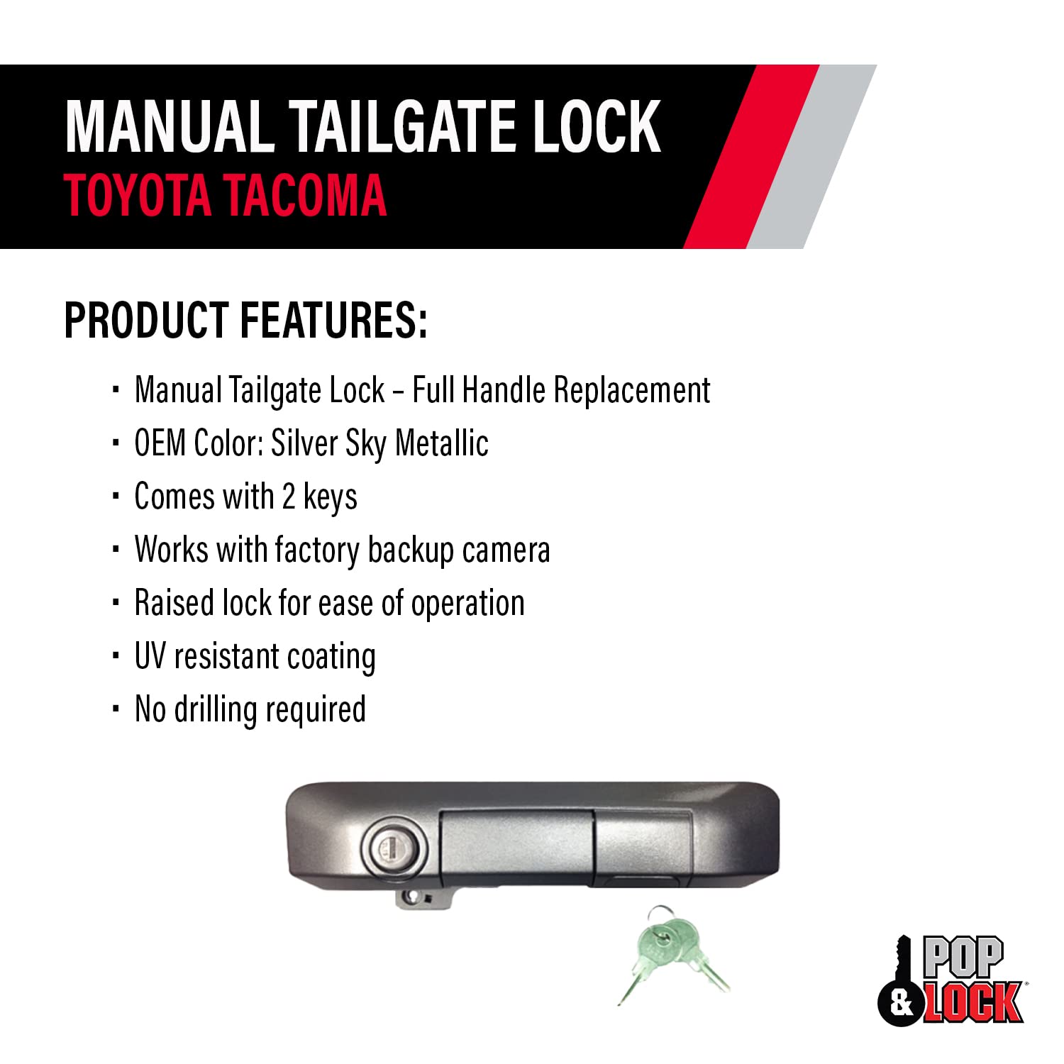 Pop & Lock PL5508 Manual Tailgate Lock for Toyota Tacoma (2005-2023) - Silver Sky Metallic | Secure Truck Bed | Anti-Theft Protection for Tools & Equipment