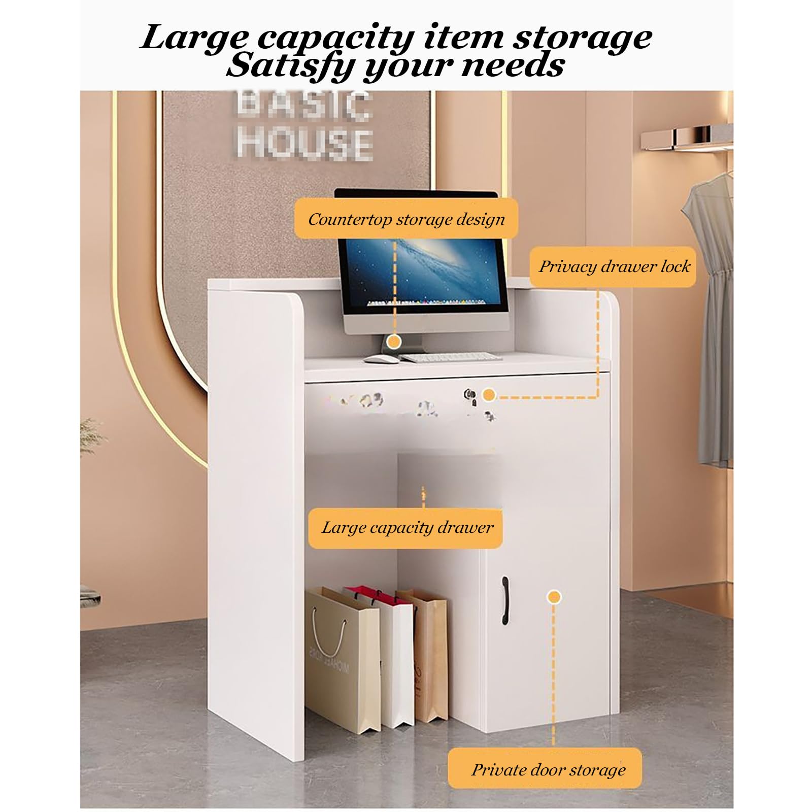 Modern L-Shaped Reception Desk Counter with Open Shelves & Drawers - Cashier Front Desk for Retail Stores, Supermarkets, Hotels & Offices - Durable Standing Workstation for Efficient Customer Service & Workspace Organization