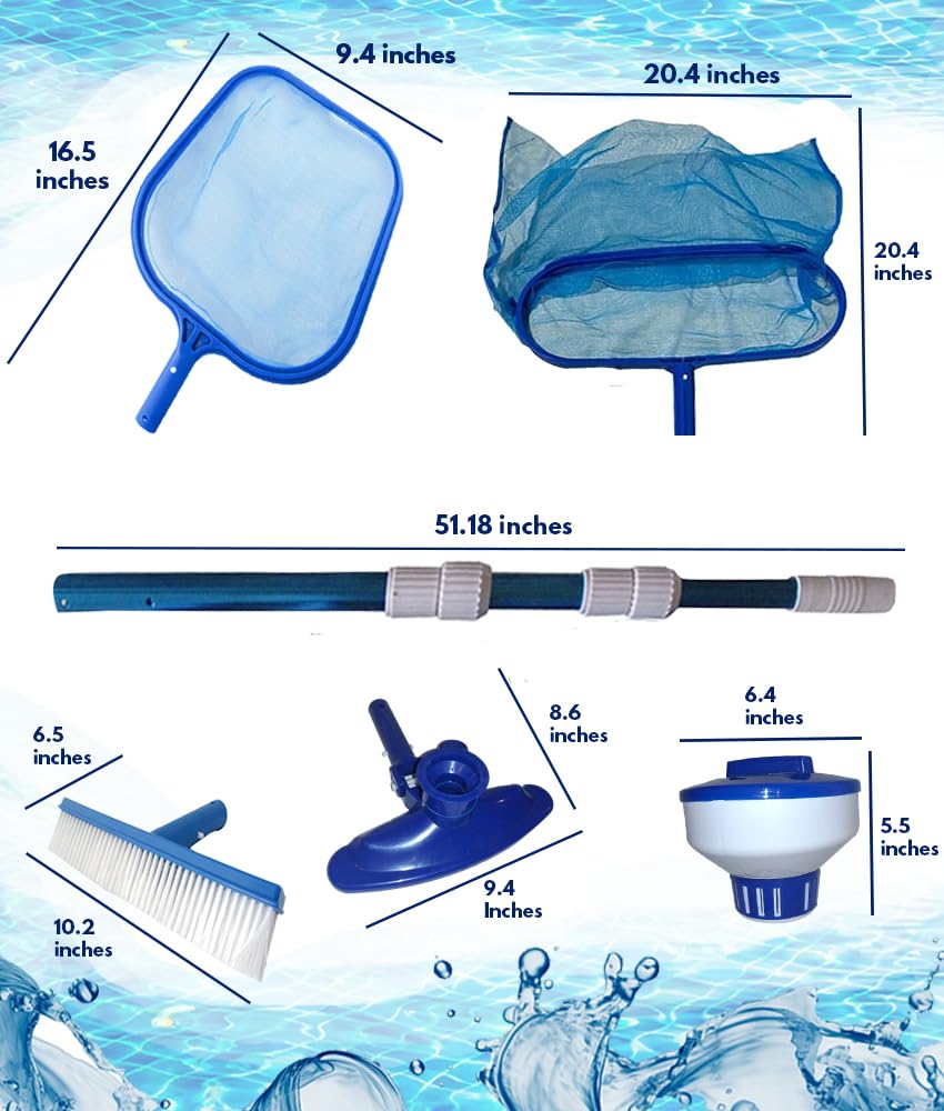 FibroPool Above Ground Swimming Pool Maintenance Kit - Telescoping Pole, Leaf Rake, Vacuum Head, Brush, Floating Chlorinator, Skimmer Net & Test Strips for Crystal Clear Water | Perfect for Backyard, Inflatable & Family Pools