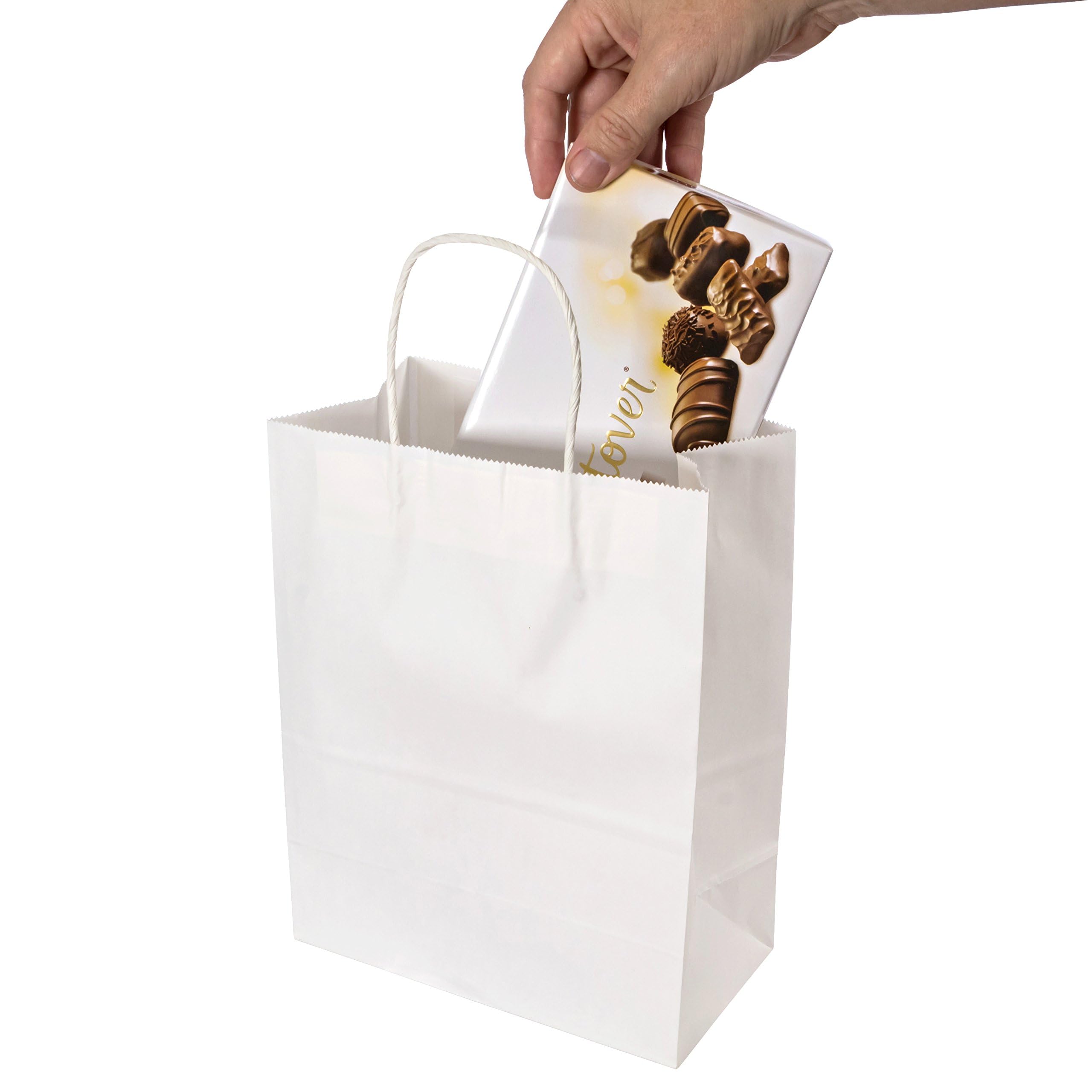 300 Pack White Paper Bags with Handles - 8x4.5x10.5 Inches Bulk Shopping Bags [3 Boxes of 100] | Eco-Friendly Gift, Party, Wedding & Retail Packaging Bags | Perfect for Stores, Events, Crafts & Merchandise Display