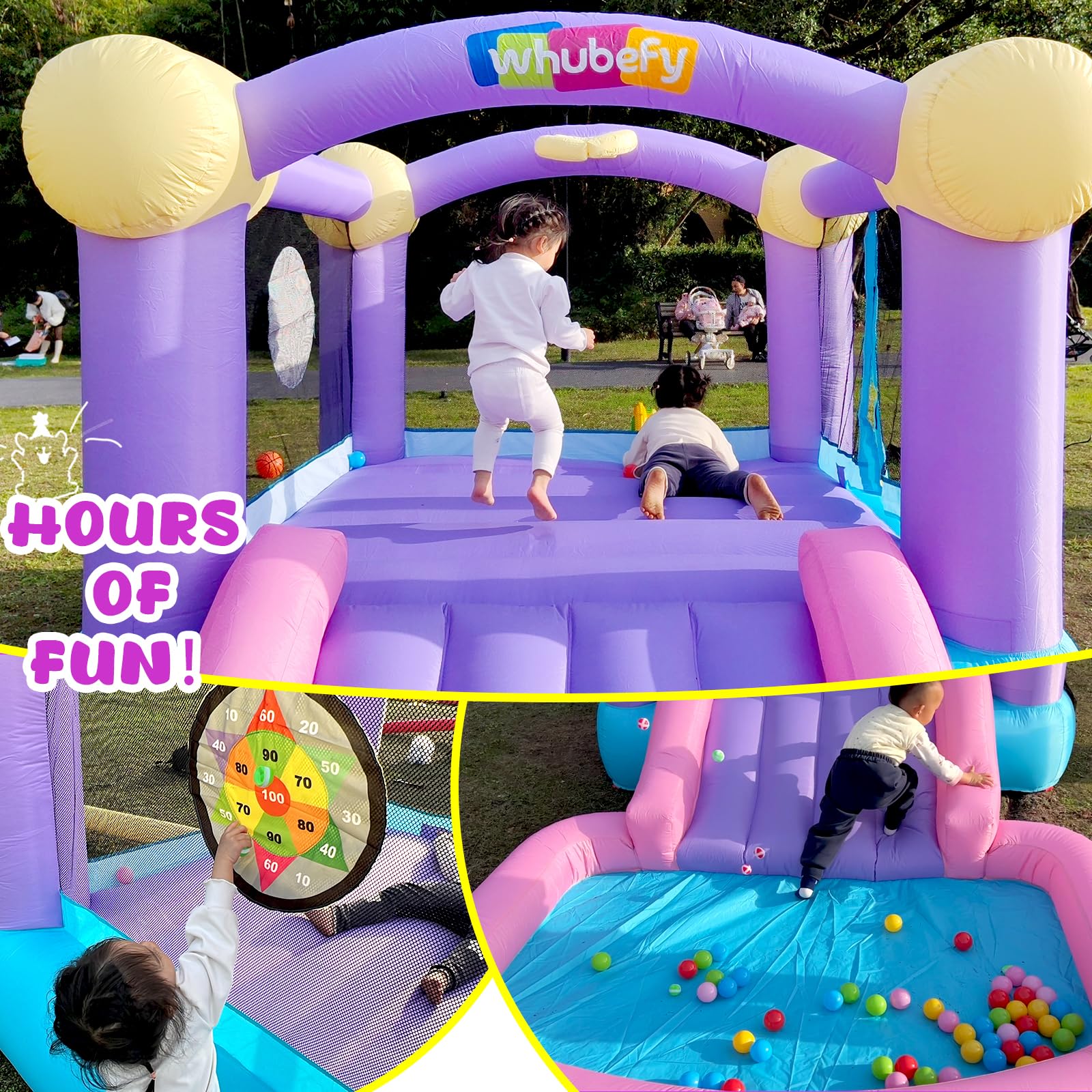 Inflatable Bounce House for Kids 3-6 Years - Pink Jumping Castle with Ball Pit, Slide & 470W Blower | Includes 50 Ocean Balls & 6 Sticky Darts | Indoor/Outdoor Toddler Playhouse for Birthday Parties, Backyard Fun & Girls' Gift Ideas