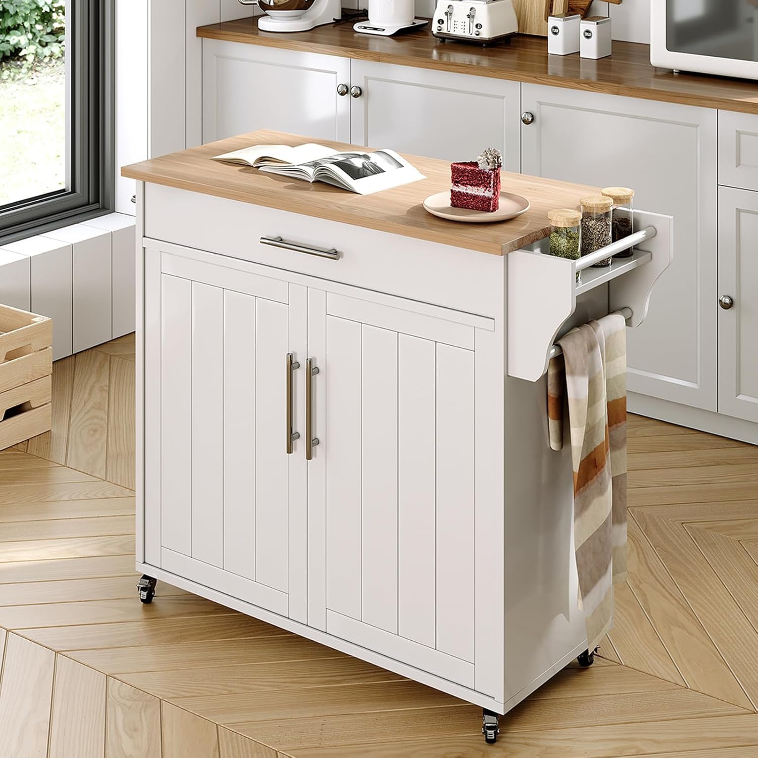 Wooden Rolling Kitchen Island Cart with Countertop - Mobile Kitchen Storage on Wheels, Includes Towel Rack, Spice Rack & Drawers - White | Perfect for Small Kitchens, Apartments & Food Prep Stations
