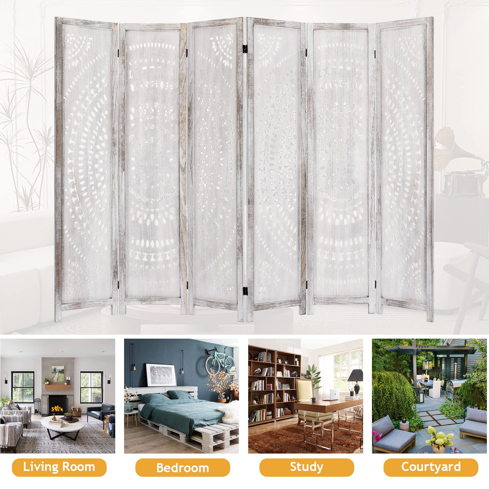 6 Panel White Wood Folding Room Divider Screen - 66.9 Inch Privacy Partition for Living Room, Bedroom & Office - No Assembly Needed - Perfect for Space Separation, Home Decor & Event Setup