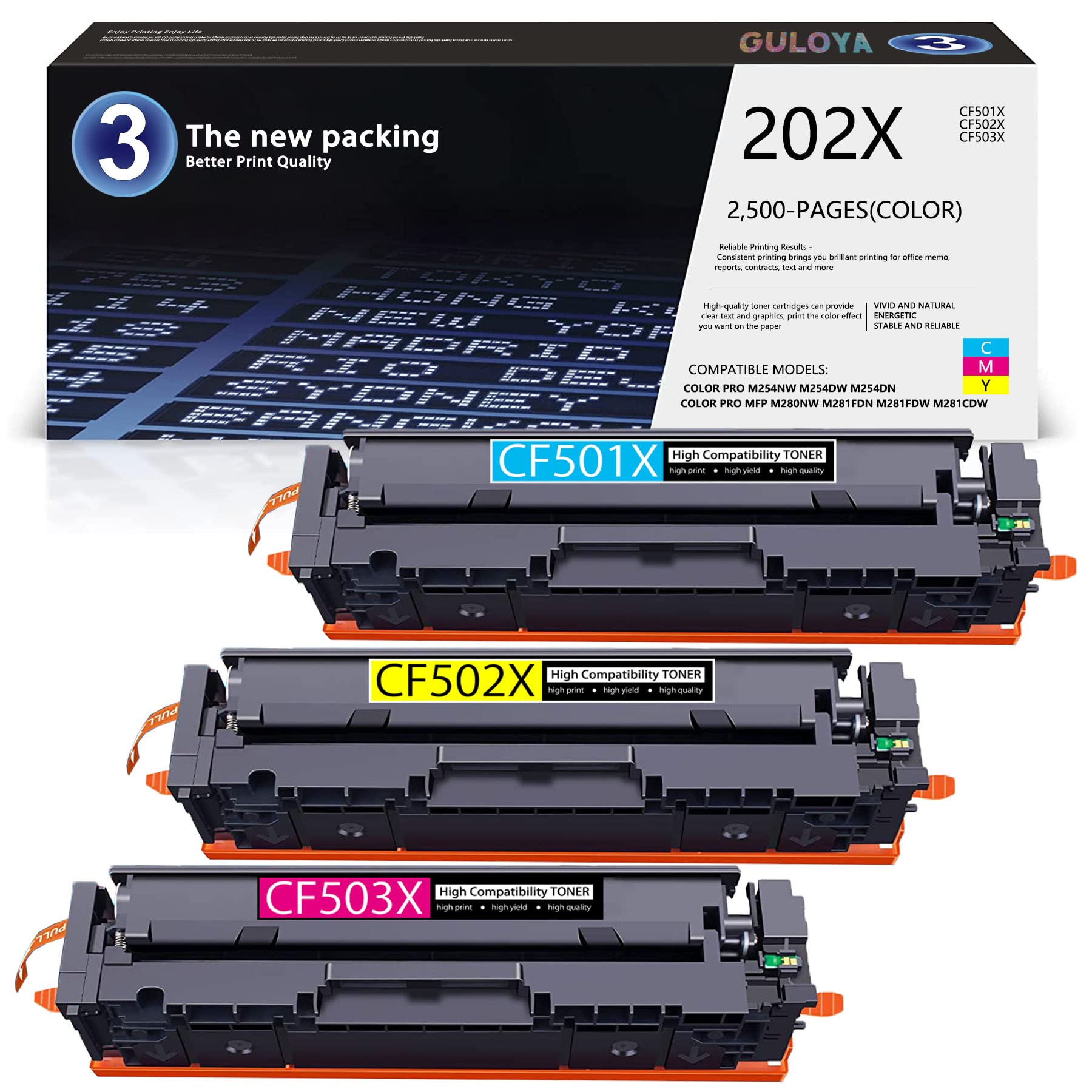 GULOYA 3-Pack Compatible 202X CF501X CF502X CF503X Toner Cartridge Replacement for HP Color Pro M254nw M254dw M254dn MFP M280nw M281fdn M281fdw Printers (1 Cyan + 1 Magenta + 1 Yellow) - High-Quality Office & Home Printing Supplies