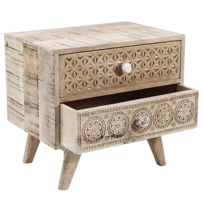 Hand Carved Two Door Nightstand in Natural Wood Finish - Solid Wood Bedside Table with Storage for Bedroom, Living Room & Guest Room Decor