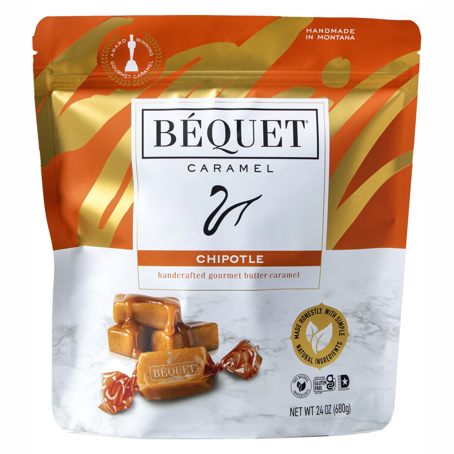 Béquet Gourmet Chipotle Caramel Candy - Individually Wrapped, Kosher & Gluten Free - 24oz Resealable Pouch - Made in Montana - Perfect for Gifts, Parties & Spicy Treat Lovers