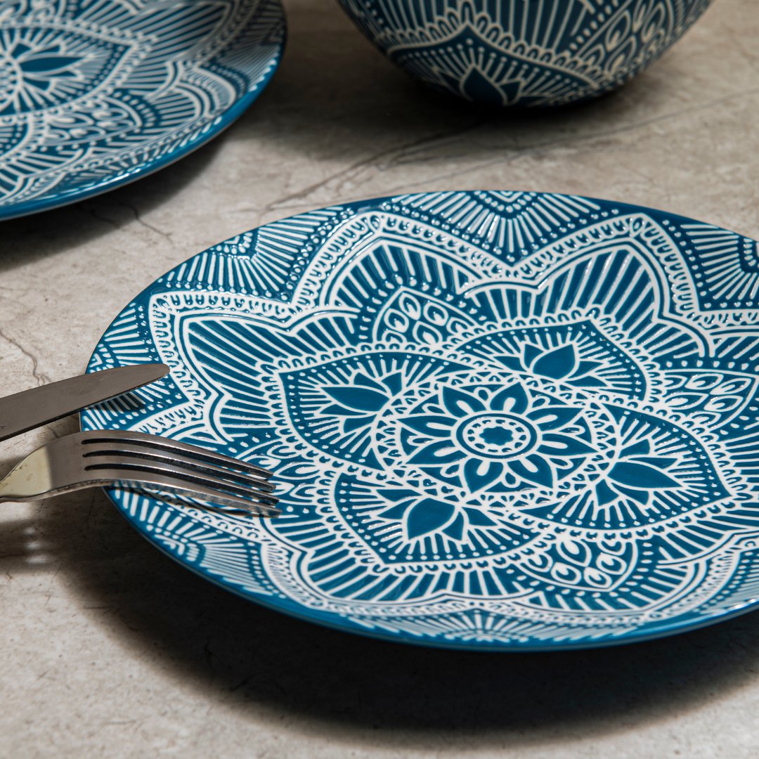 12-Piece Ceramic Dinnerware Set - Plates & Bowls with La La Mandala Blue Design for Everyday Dining, Parties & Home Decor