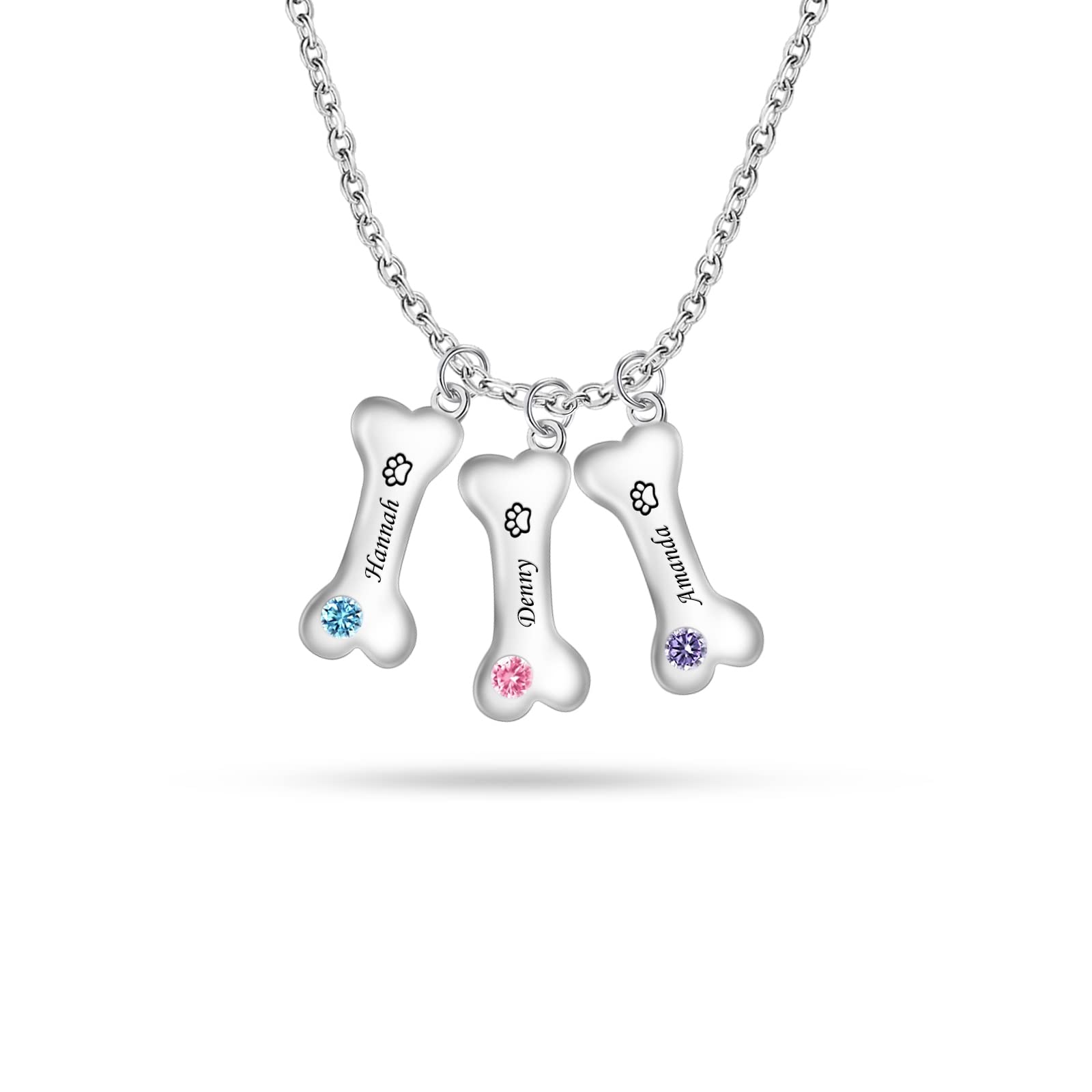 Custom Personalized Mother's Name Necklace with 1-5 Simulated Birthstones - Engraved Dog Bone Pendant Jewelry for Pet Lovers - Unique Gift for Mom, Women - Perfect for Mother's Day, Birthday & Anniversary Gifts