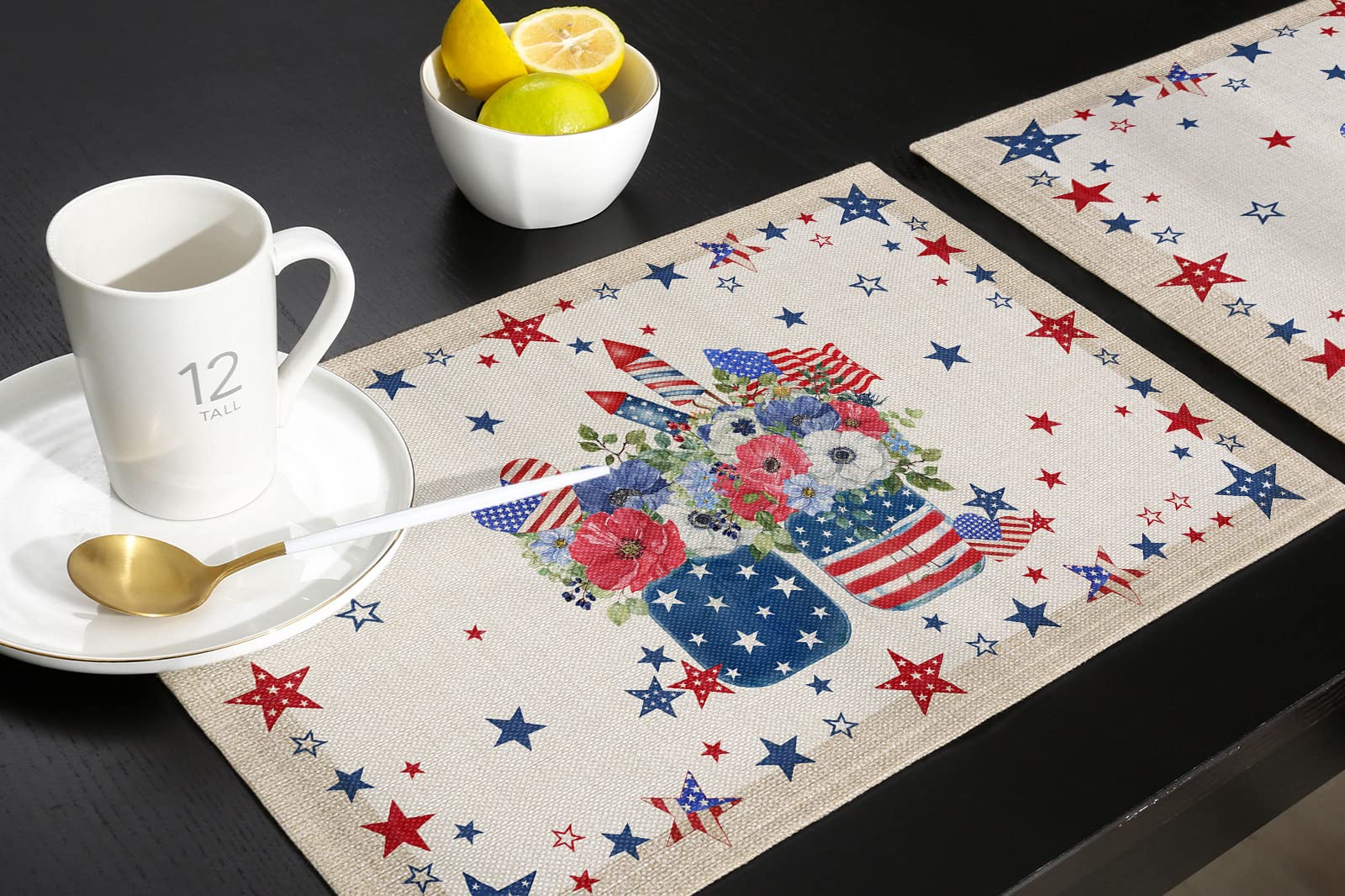 4th of July Placemats Set of 4 - Patriotic Red White & Blue Cotton Linen Heat-Resistant Table Mats for Holiday Dining, Kitchen Decor - Perfect for Independence Day Parties, BBQs & Family Gatherings