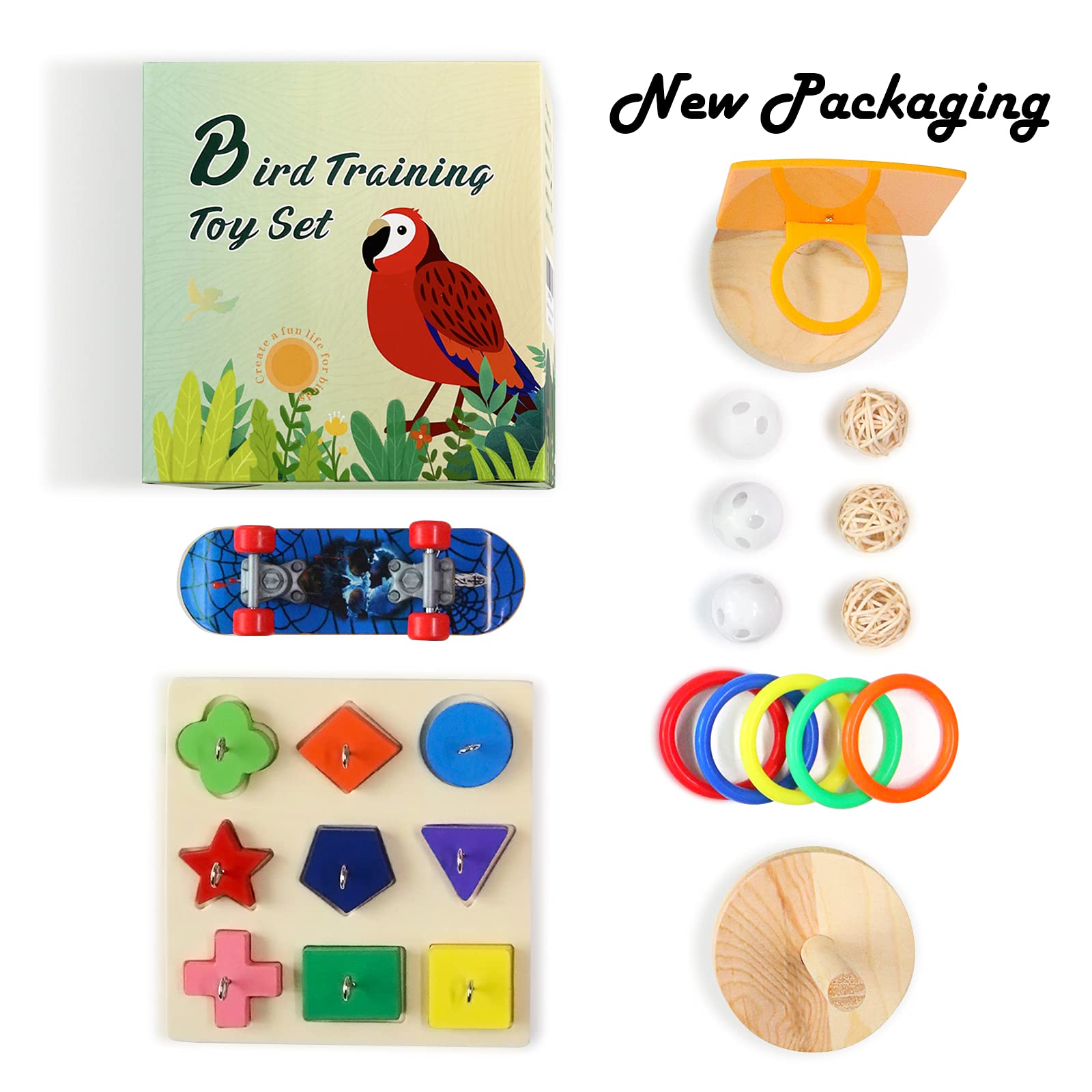 5pcs Parrot Toys Set for Parakeets - Includes Bird Basketball, Skateboard, Stacking Toy, Wooden Block Puzzles & Small Sepak Takraw - Fun Training & Enrichment Toys for Small Birds - Perfect for Cage Play, Exercise & Mental Stimulation