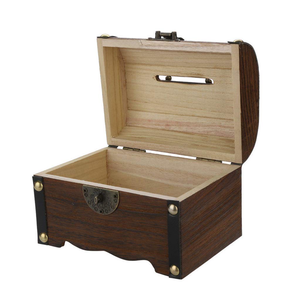 Vintage Wooden Keepsake Box - Jewelry Trinket Storage Chest with Lock, Decorative Organizer for Coins, Toys & Sundries | Perfect for Kids' Piggy Bank, Pirate Treasure Box & Home Décor