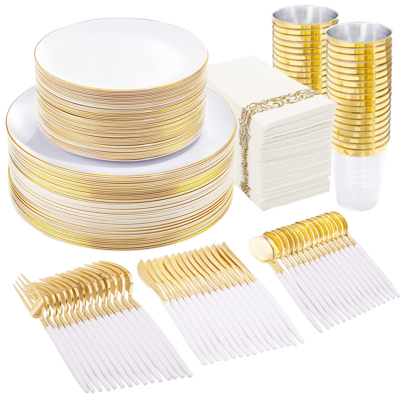 700-Piece Gold Plastic Dinnerware Set - 100 Gold Plates, Disposable Silverware with White Handles, Gold Rim Cups & Napkins for Wedding, Baby Shower, Bridal Shower - Elegant Disposable Tableware for Parties & Events
