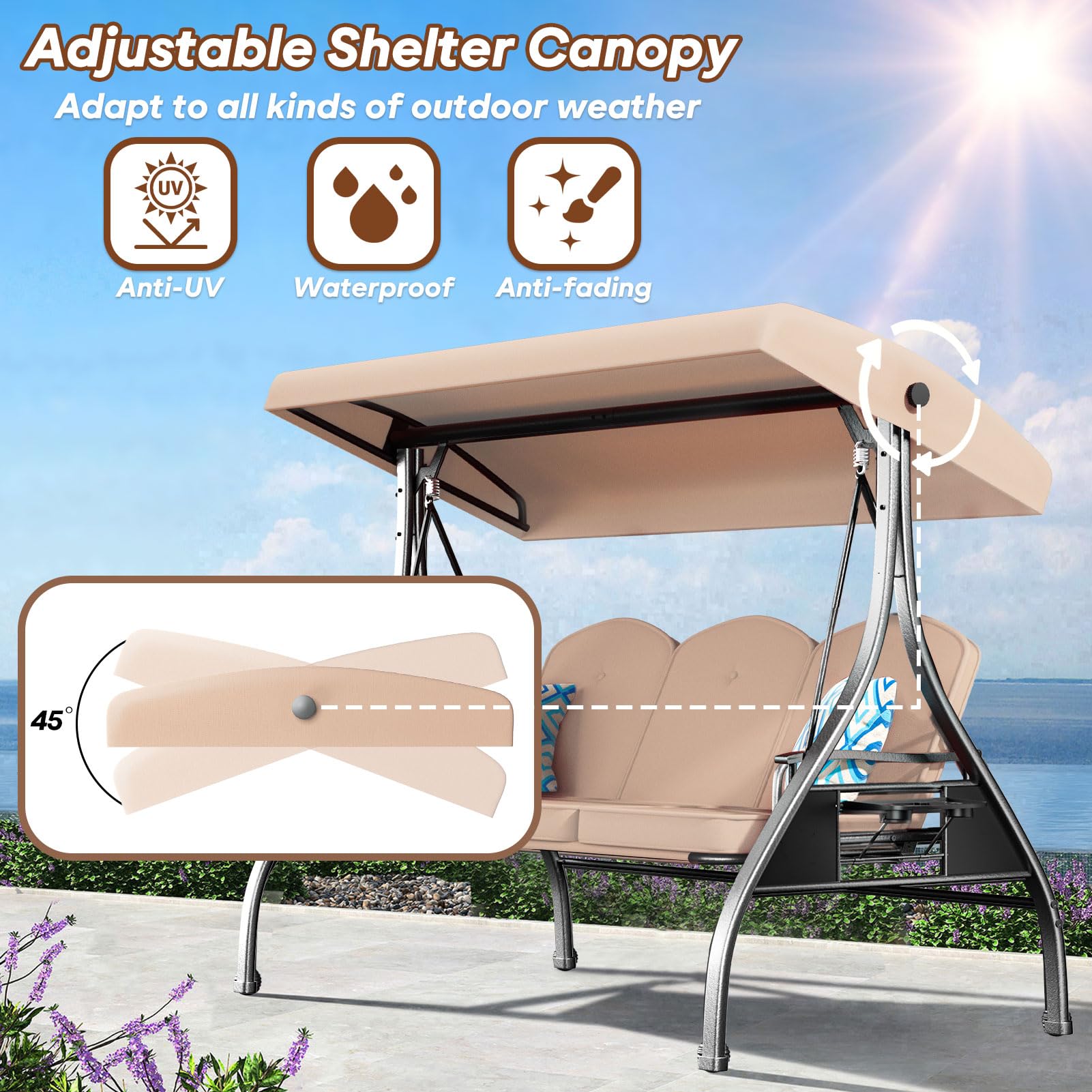 3-Seat Outdoor Porch Swing with Stand - 800lb Capacity, Adjustable Canopy & Removable Cushions - 2-in-1 Patio Glider Chair for Yard, Garden, Deck - Durable Square Tube Frame (Khaki) - Perfect for Relaxing, Lounging & Outdoor Entertaining
