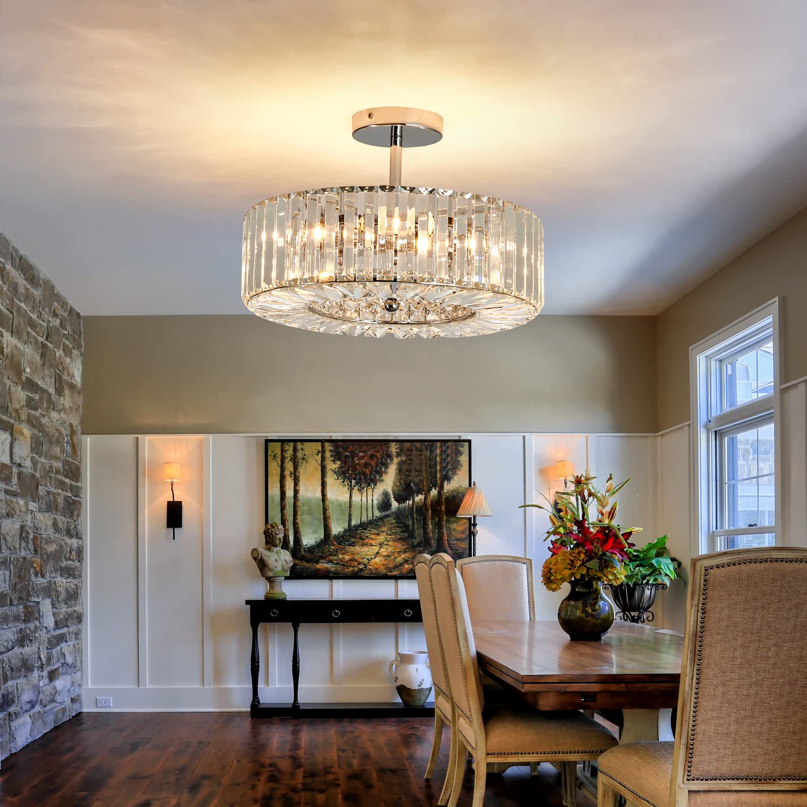 4-Light Modern Crystal Chandelier - Round Semi-Flush Mount Ceiling Light Fixture in Chrome Finish - Farmhouse Style Lighting for Dining Room, Living Room, Bedroom, Hallway, Entryway & Kitchen - Perfect for Home Decor, Wedding Venues and Restaurant Ambiance