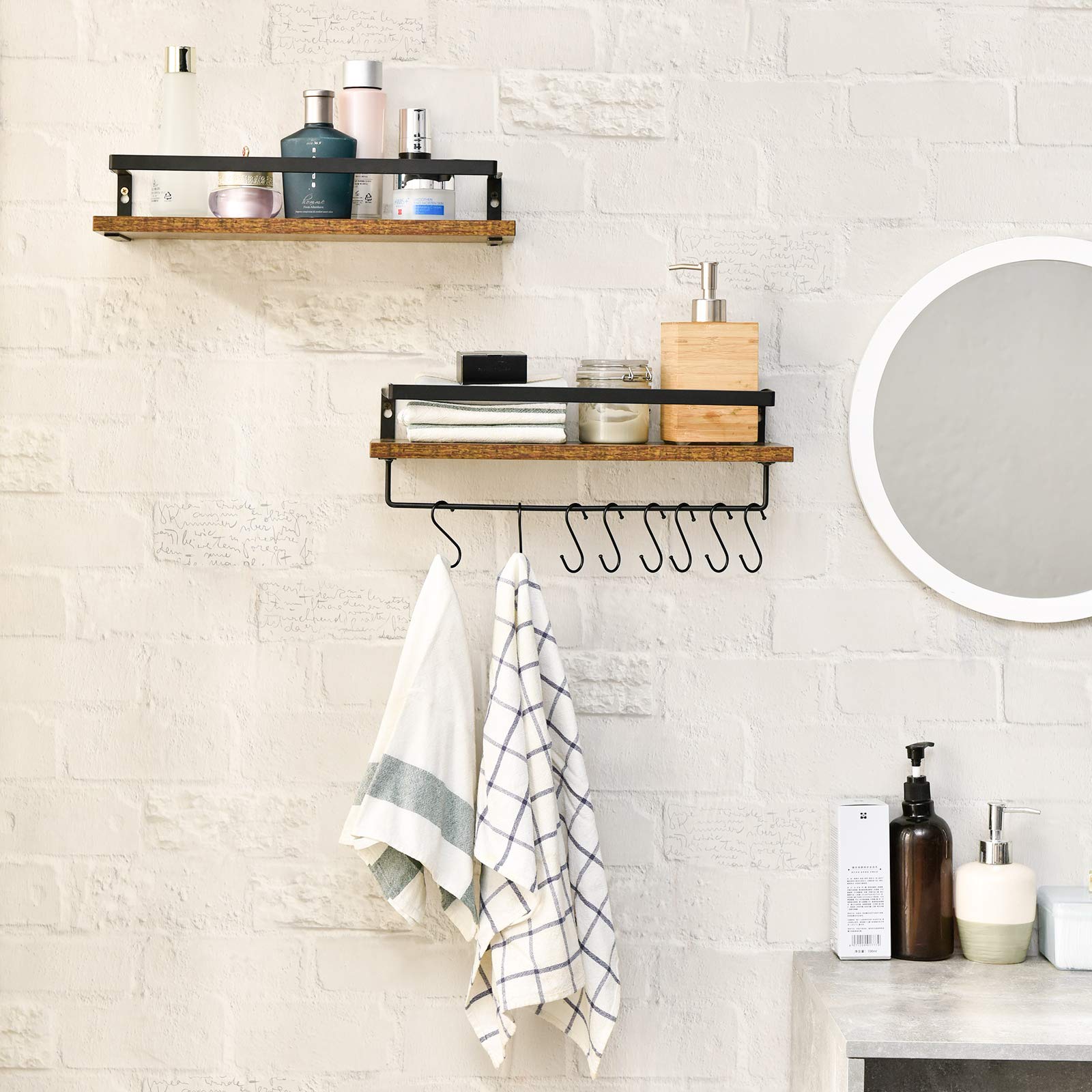 IBUYKE Floating Shelves for Wall - 42x15x8 cm Wooden Shelf with 8 Hooks - Space Saving Storage Organizer for Kitchen, Bathroom, Bedroom, Living Room & Office - Perfect for Spice Rack, Towel Holder, Books and Decorative Display