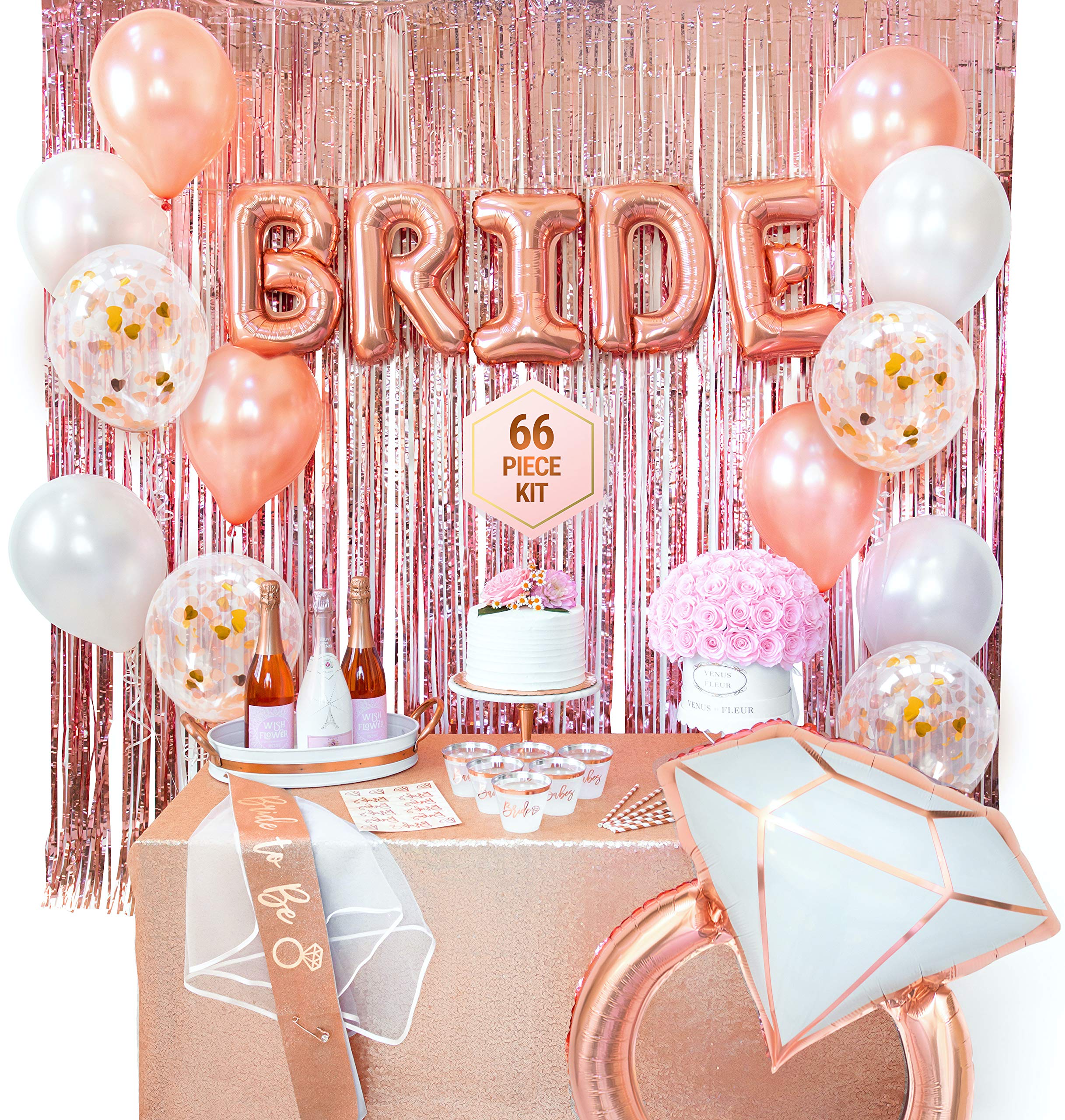 66-Piece Rose Gold Bachelorette Party Decorations Kit - Bridal Shower Decor Set with Bride Sash, Cups, Veil & Balloons - Premium Wedding Party Supplies for Bachelorette, Bridal Showers & Girls' Night Out