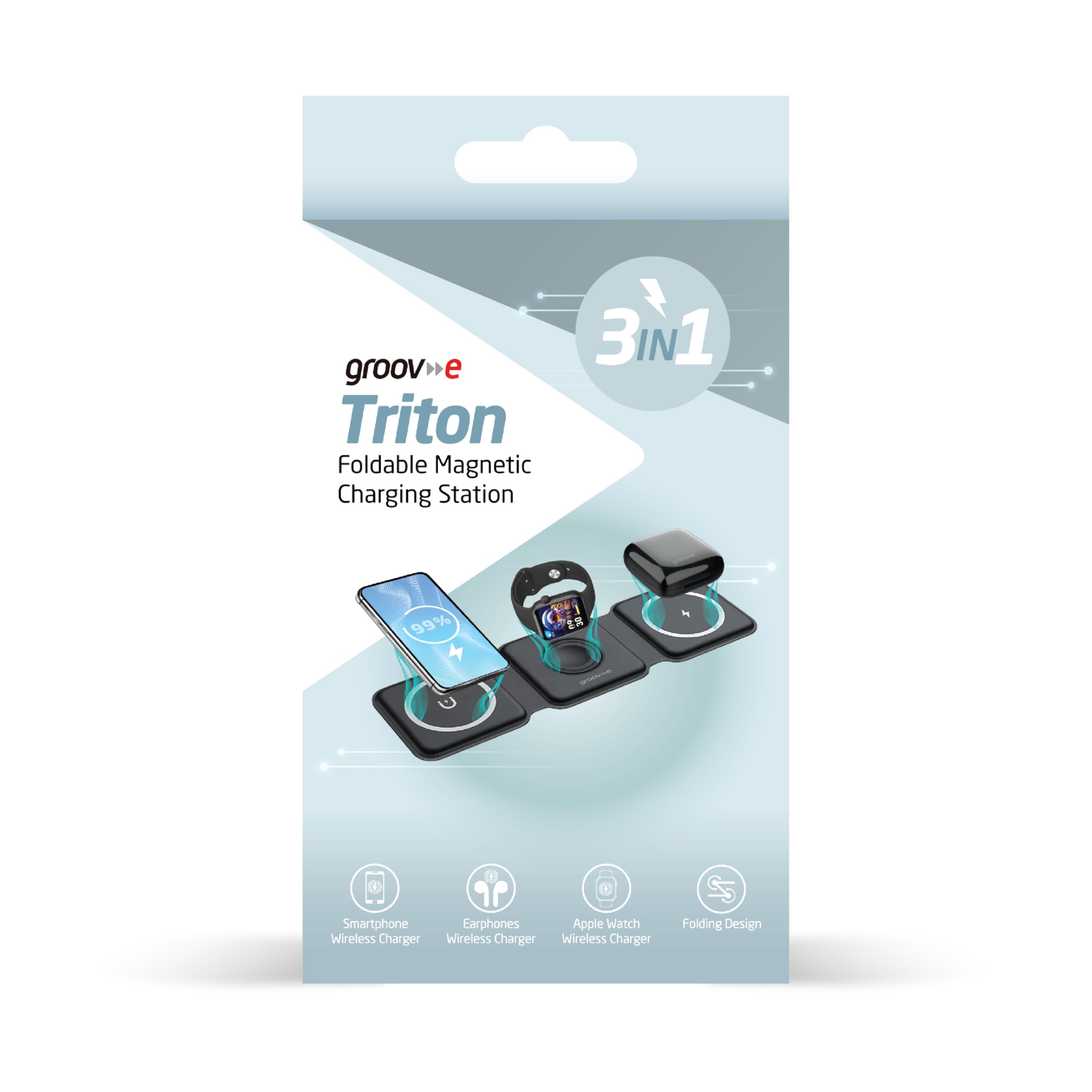 Groov-e Triton 3-in-1 Magnetic Wireless Charging Station - Fast Folding Charger for iPhone, Android, AirPods & Apple Watch | Perfect for Home, Office & Travel