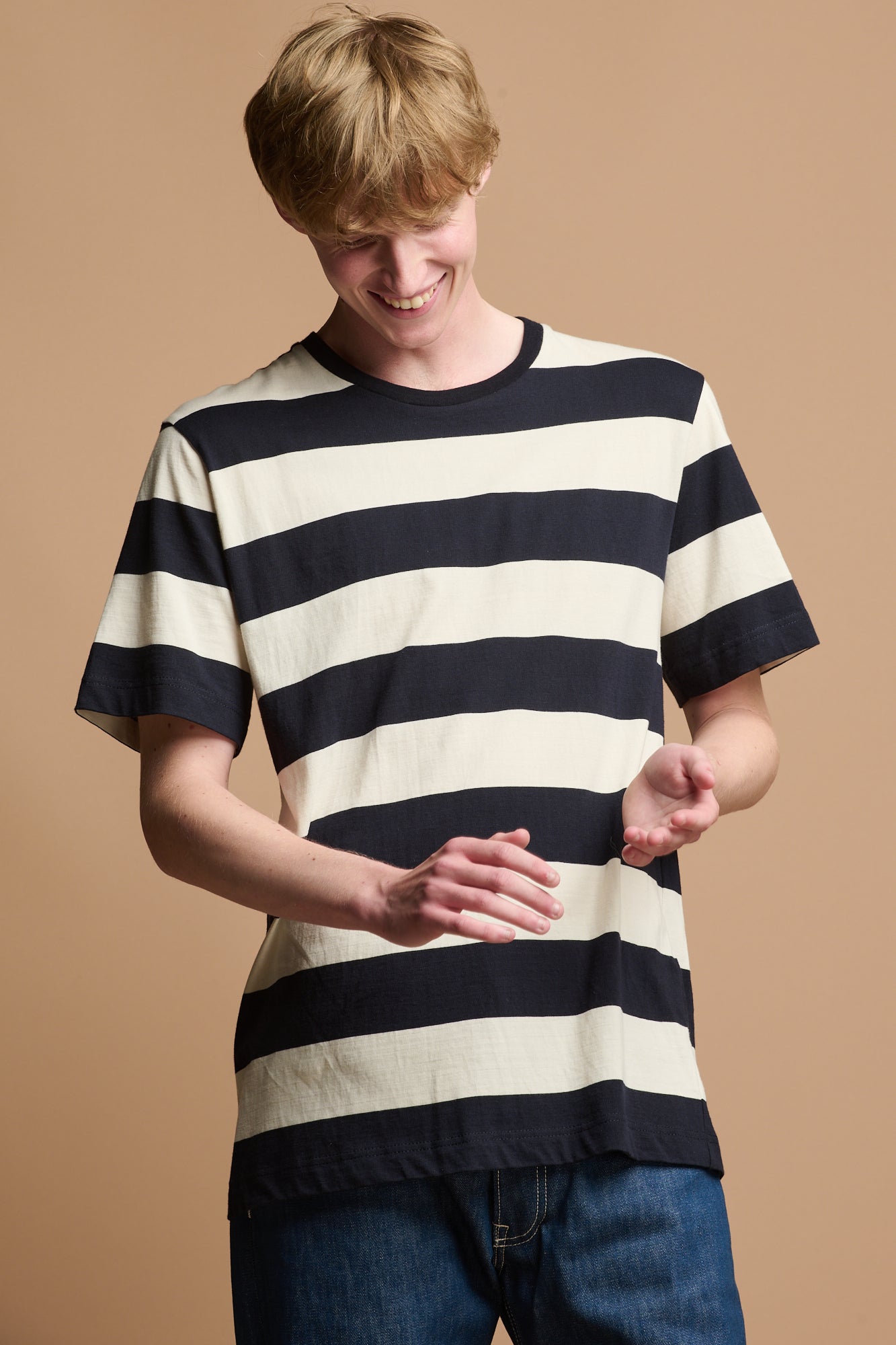Men's Wide Stripe Short Sleeve T-Shirt - Navy & Ecru Casual Cotton Tee for Summer Outfits, Beach Wear & Everyday Comfort