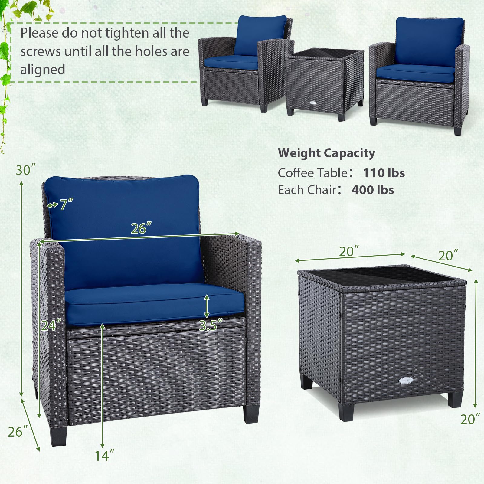 Tangkula 3-Piece PE Rattan Patio Furniture Set with Washable Cushions & Tempered Glass Table - Outdoor Wicker Sofa Set for Garden, Poolside, Balcony or Backyard (Beige/Navy) - Perfect for Relaxing, Entertaining Guests, and Enjoying Outdoor Living Spaces