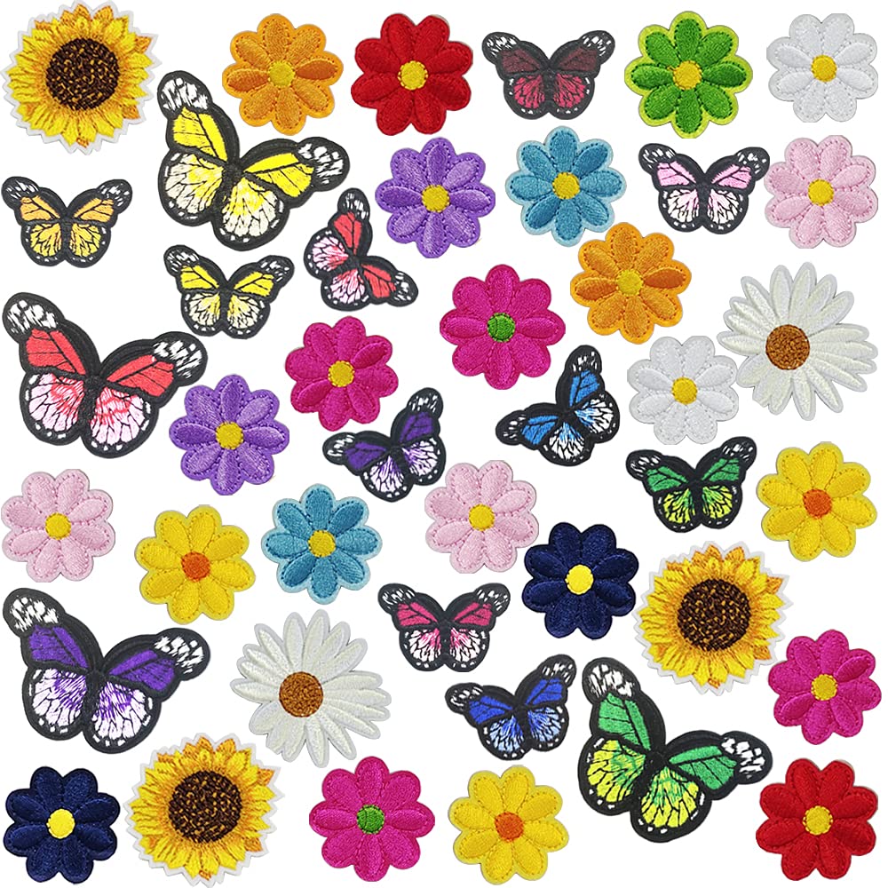 42pcs Embroidered Floral Iron-On Patches - Sunflower Daisy Butterfly Appliques for DIY Clothing, Jackets, Jeans & Bags - Sew On Patches for Crafts & Fabric Decoration - Perfect for Upcycling, Costumes & Personalized Gifts