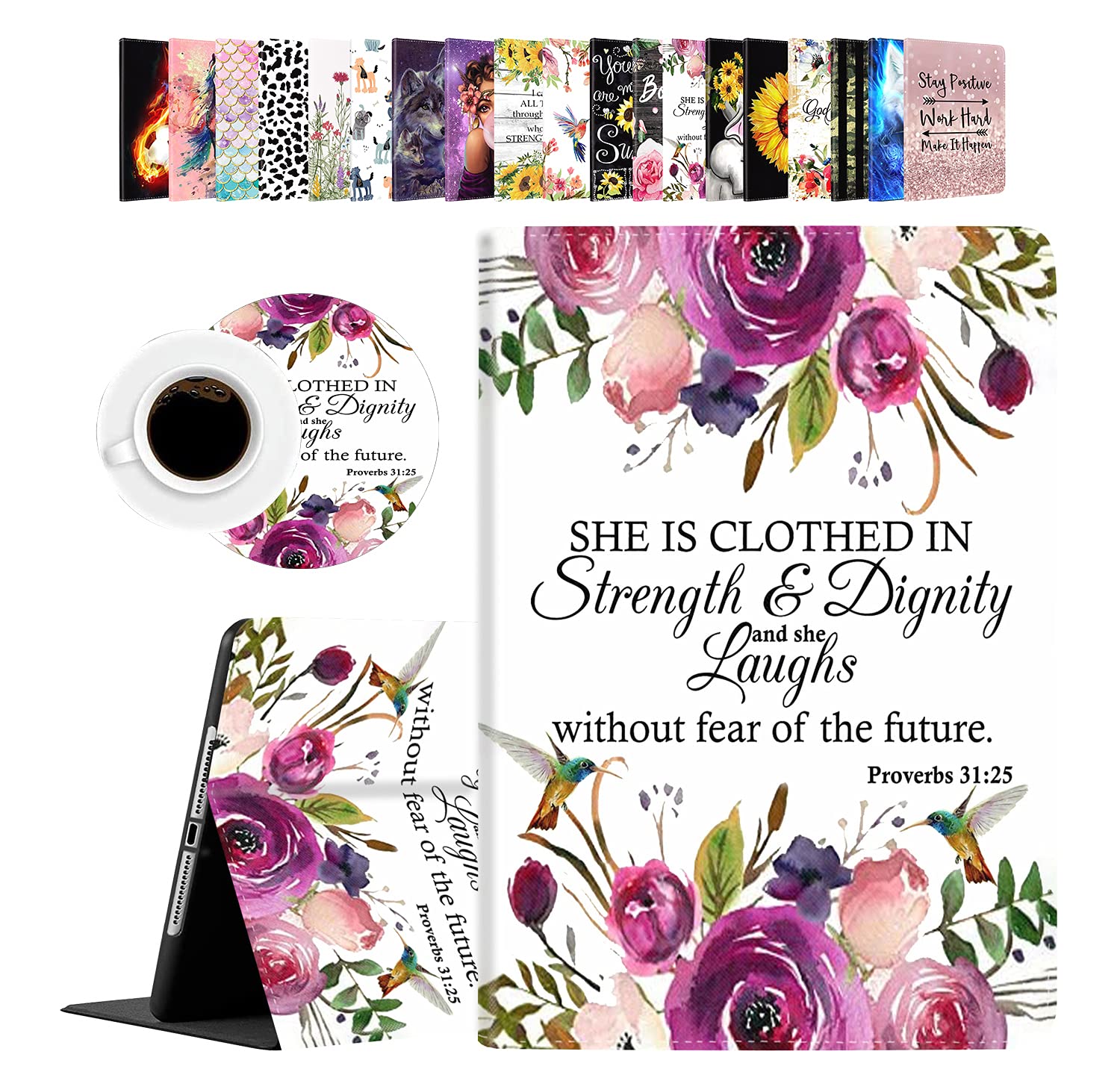 Premium iPad Case for 9.7 Inch Models (iPad 6th/5th Gen, Pro 9.7, Air 2 & Air) with Christian Bible Verse Design - Proverbs 31:25 Hummingbird & Watercolor Flowers in Pink & Purple - Perfect for Work, Study & Church