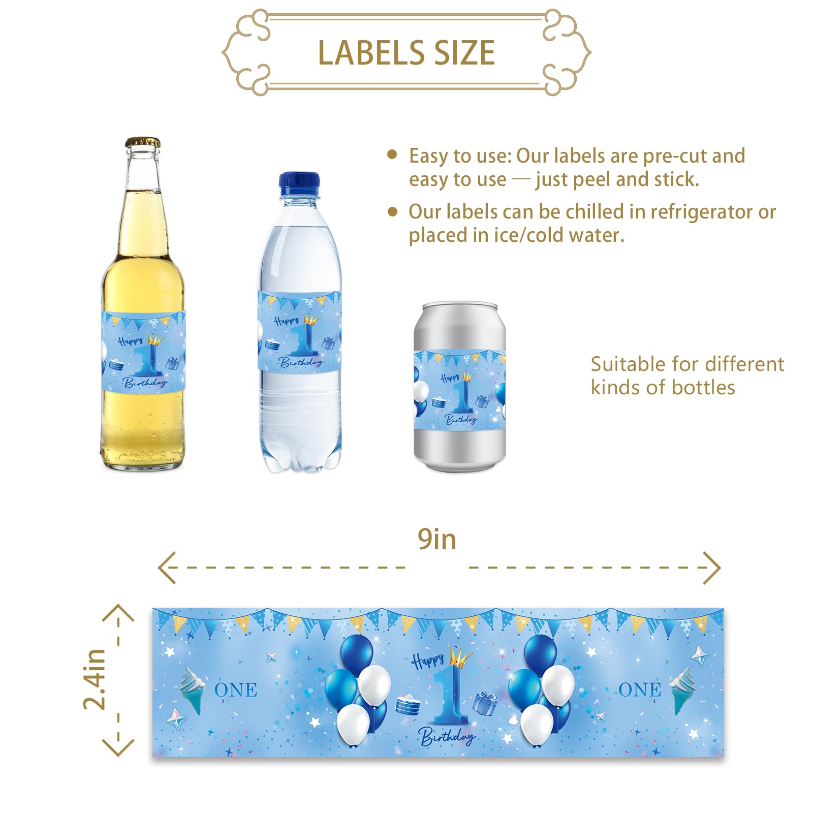32pcs Blue Happy 1st Birthday Water Bottle Labels - Balloon Blue Glitter Cheers to One Year Old Stickers - 1st Birthday Party Decorations - Baby Shower, Anniversary Celebration Supplies - Perfect for Birthday Parties, Baby Showers & Special Events