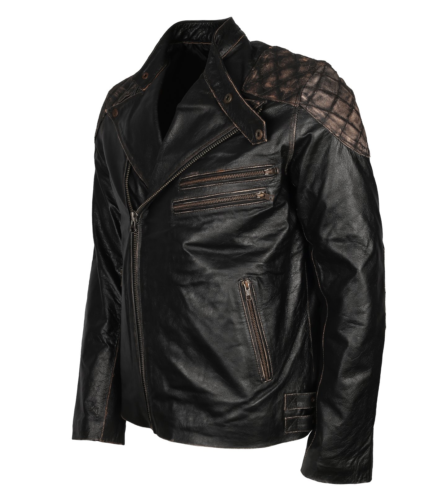 Men's Vintage Black Distressed Leather Motorcycle Jacket with Skull & Bones Design - Genuine Cowhide Biker Jacket for Riding, Halloween Costume & Streetwear Fashion