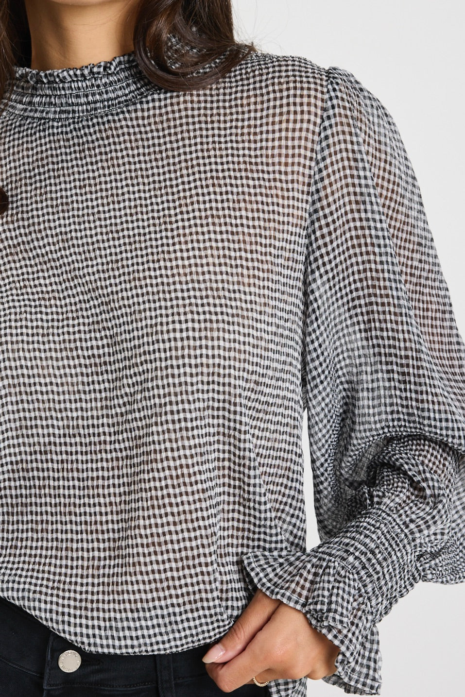Stylish Black Gingham Shirred Neck Long Sleeve Top for Women - Perfect for Office Wear, Date Nights & Casual Outfits