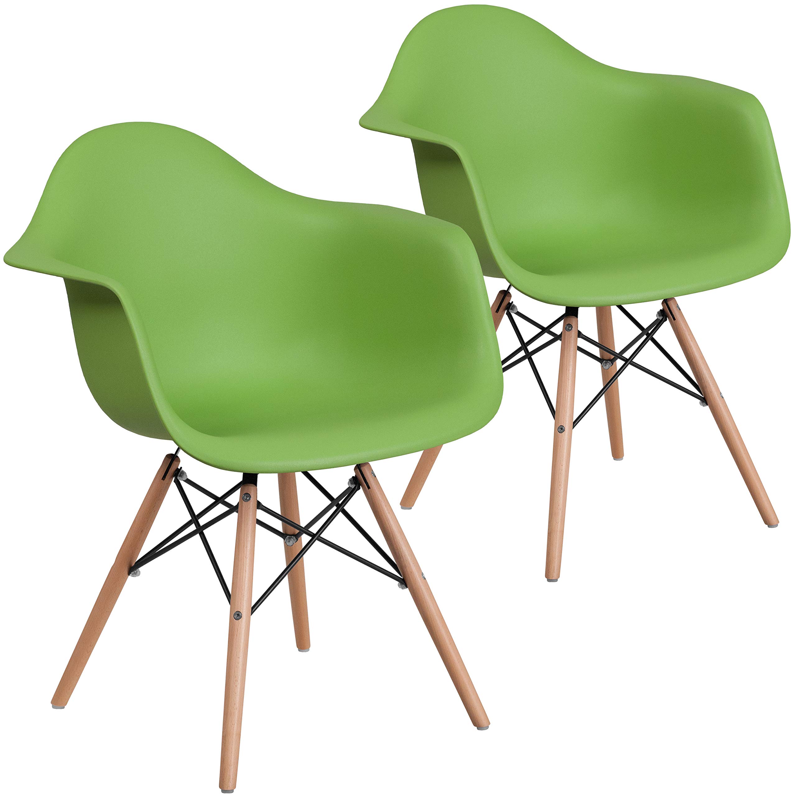 BizChair 2 Pack Green Plastic Arm Chairs with Wooden Legs - Modern Accent & Side Chairs for Dining Room, Patio, Office, and Outdoor Use
