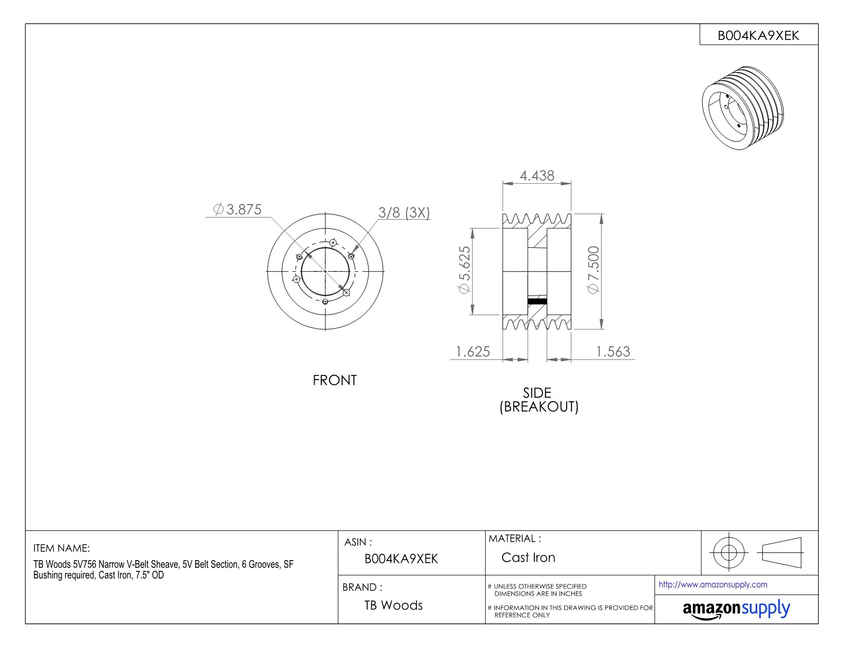 5V1186 Narrow V-Belt Sheave - 5V Belt Section, 6 Grooves, Cast Iron Pulley (11.8