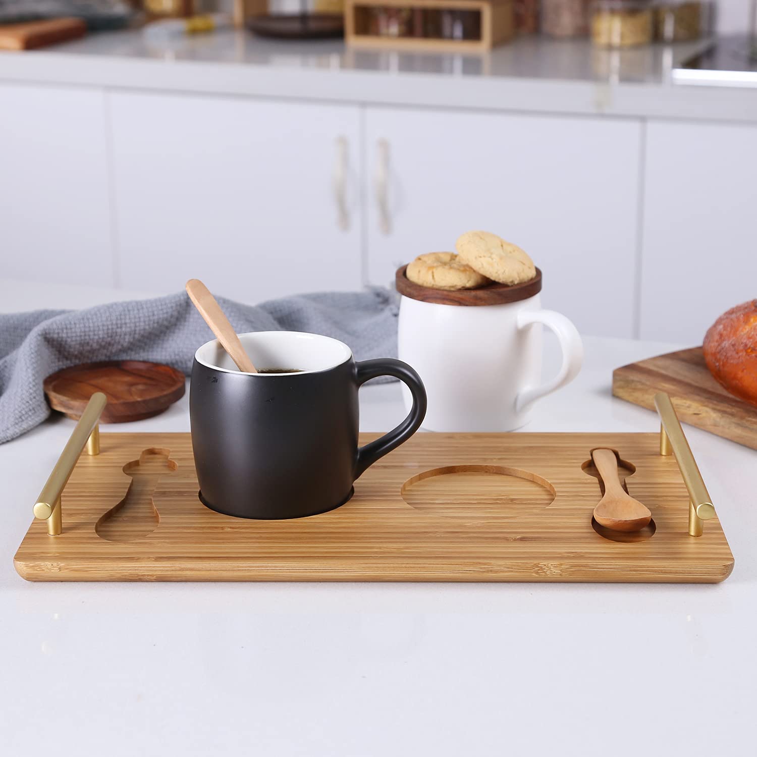 KKC HOME ACCENTS 13oz Ceramic Coffee Mug Set of 2 with Bamboo Tray & Spoons - Black & White Coffee Cups for Home, Office, Gift - Perfect for Coffee, Tea, Hot Chocolate & Breakfast Beverages