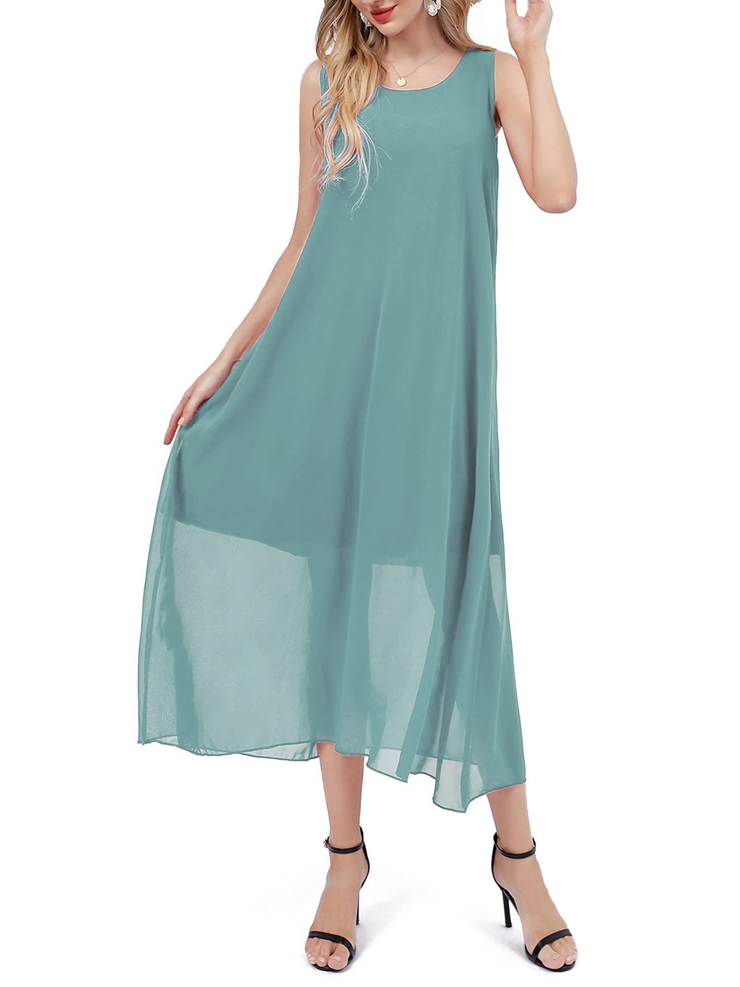 Bulotus Women's Sleeveless Loose Plain Midi Dress - Summer Chiffon Flowy Swing Dress for Casual Wear, Beach Vacation & Outdoor Parties
