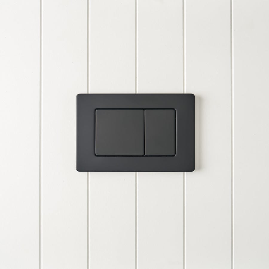 Wall-Mounted Curved Toilet with Rectangle Matte Black Flush Buttons - Space-Saving Modern Bathroom Design for Small Spaces & Contemporary Homes